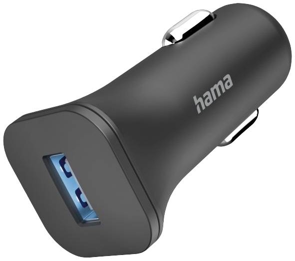 Chargeur de voiture noir de la marque Hama avec port USB bleu, adapté pour charger des appareils électroniques en déplacement.