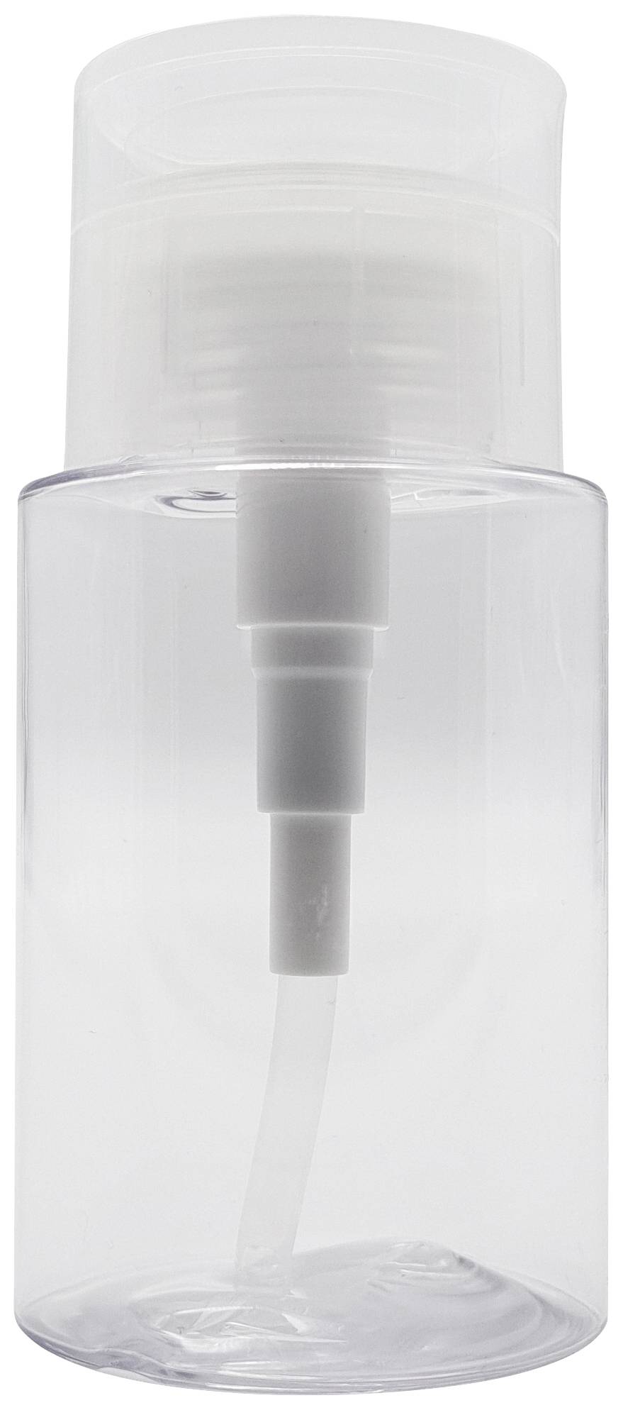 Flacon en plastique transparent avec pompe, adapté pour le stockage de liquides tels que des désinfectants ou des lotions.