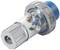 Un connecteur cylindrique transparent avec un revêtement bleu et gris, conçu pour établir une connexion sécurisée entre des câbles.