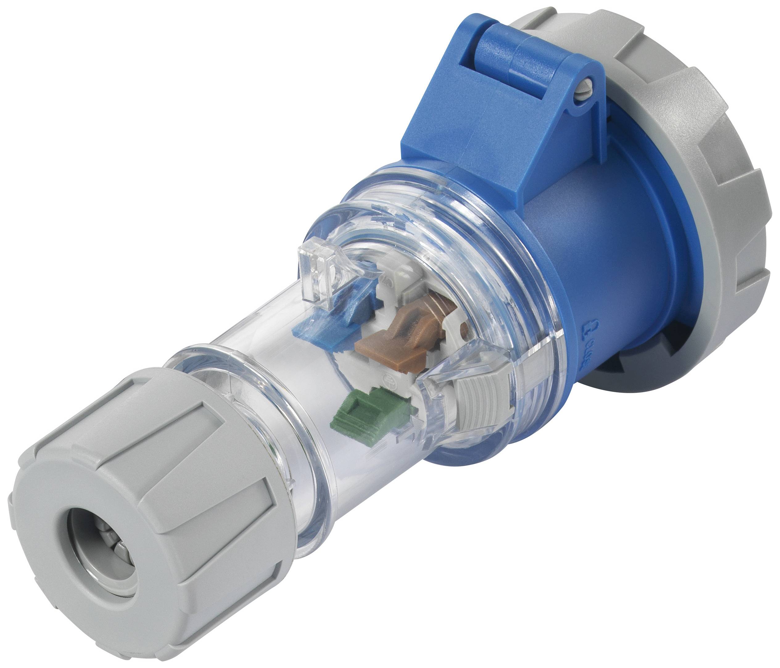 Un connecteur industriel avec un couvercle bleu et un boîtier transparent, montrant des composants internes câblés.