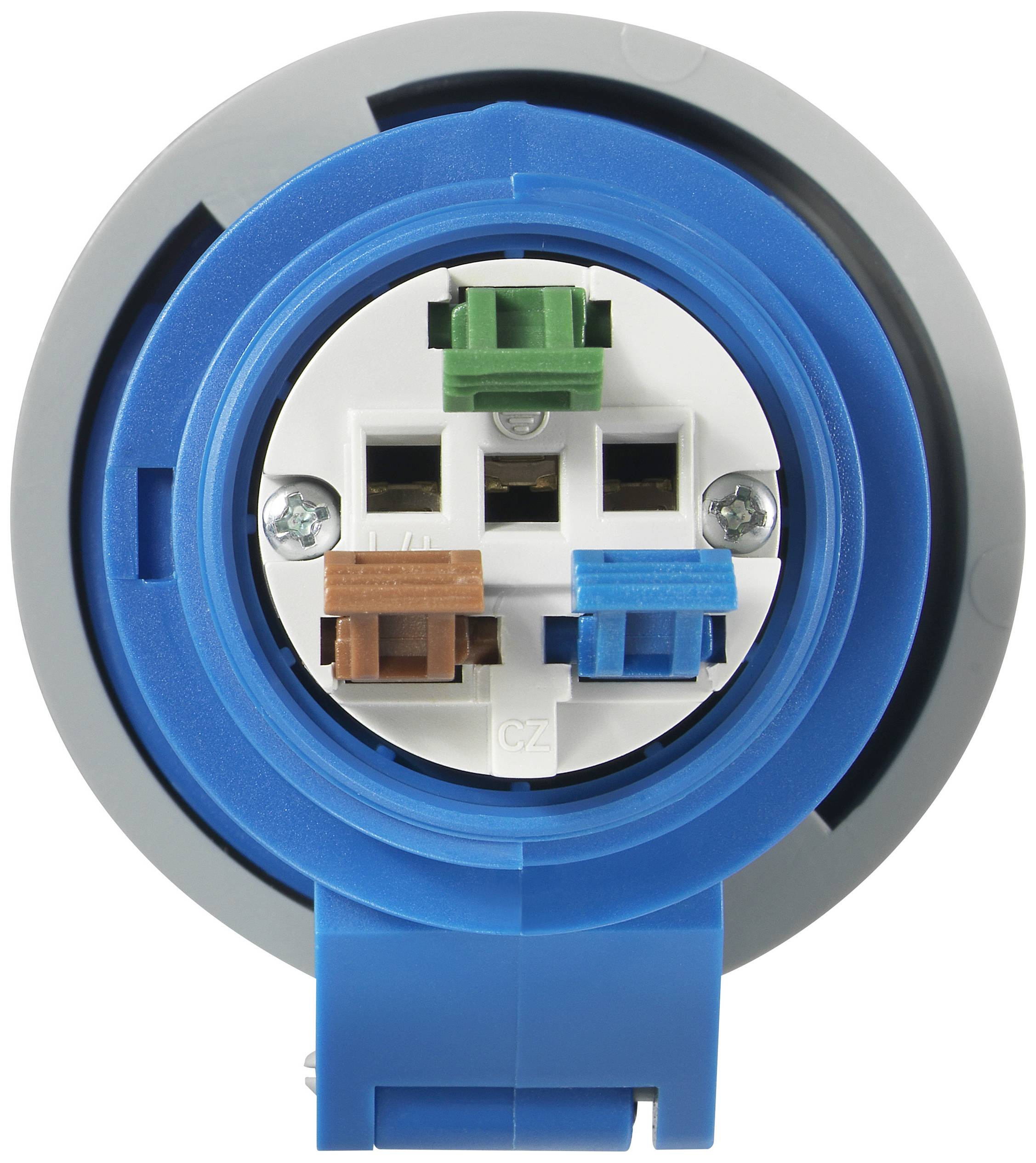 Une prise ronde bleue avec trois bornes colorées : vert, marron et bleu, vue de face.