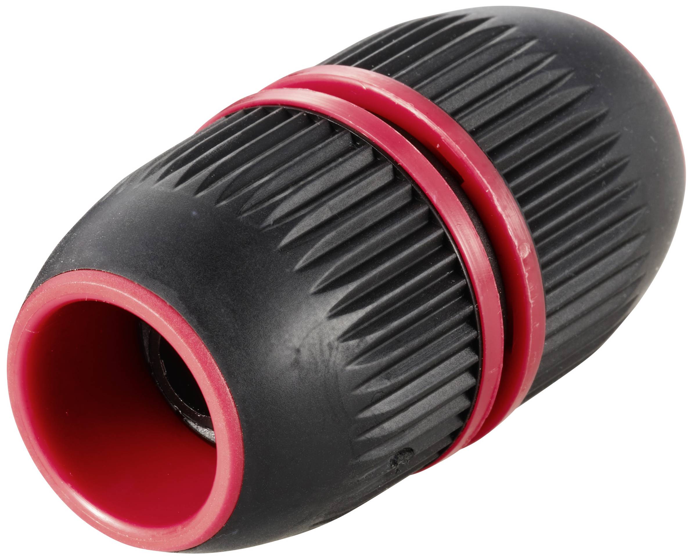 Connecteur de tuyau d'eau noir et rouge avec surface cannelée et double bague de rotation pour un raccordement sécurisé.