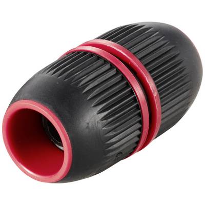 Connecteur de tuyau d'eau noir et rouge avec surface cannelée et double bague de rotation pour un raccordement sécurisé.