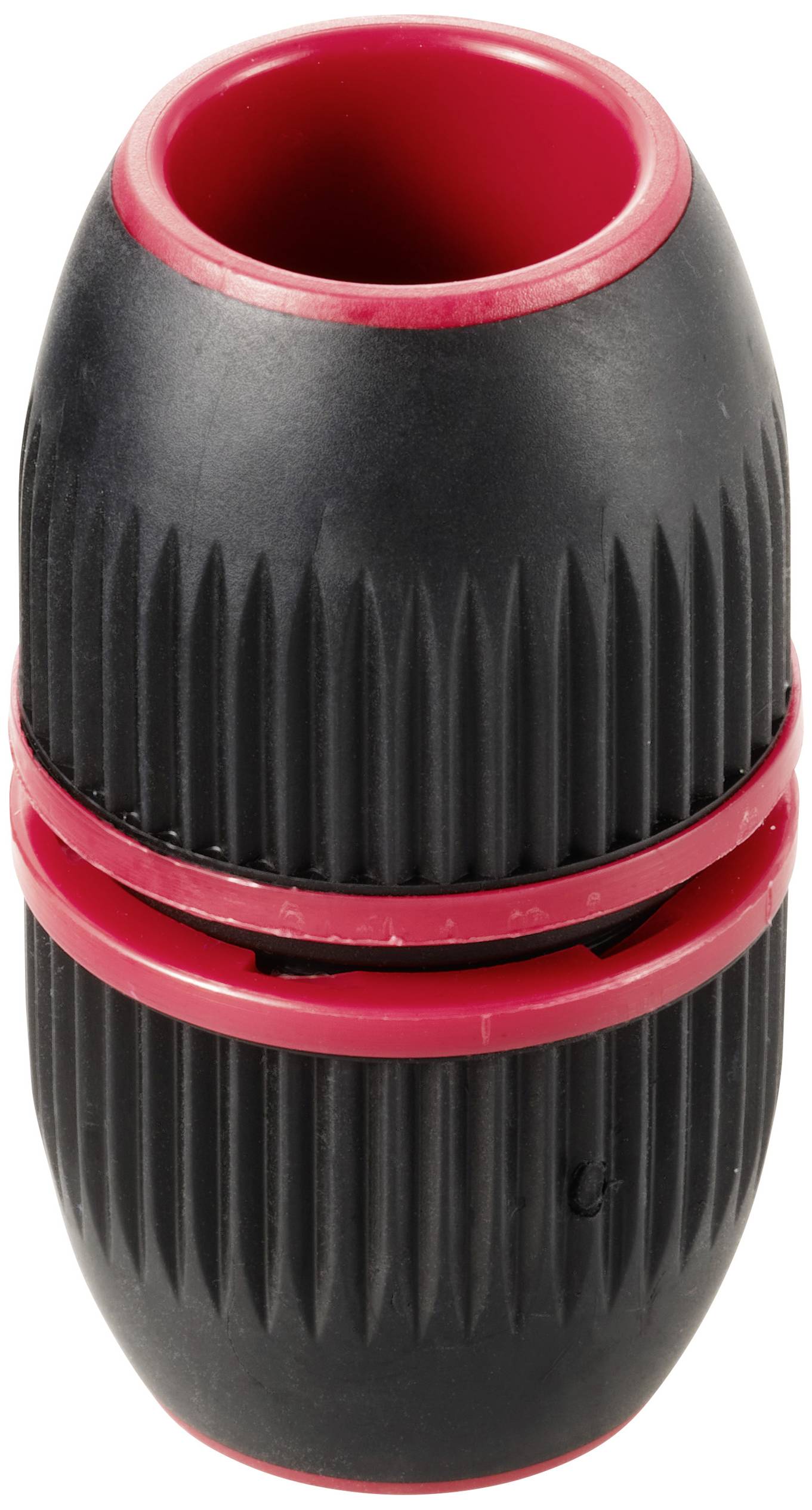 Objet cylindrique noir avec une poignée striée et des touches rouges, probablement un élément de connexion ou de raccordement.