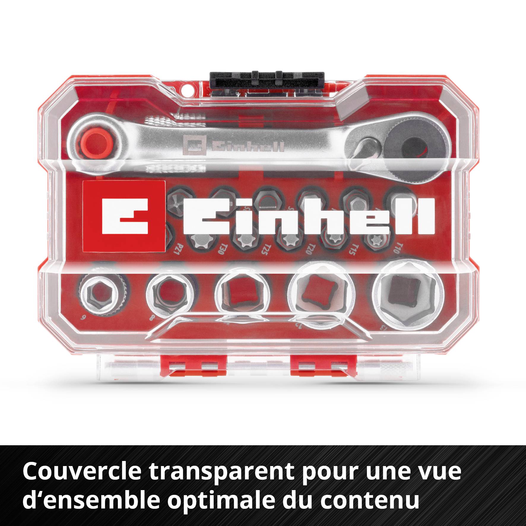 Un ensemble de douilles et d'embouts dans un boîtier rouge transparent portant l'inscription 'Einhell'.