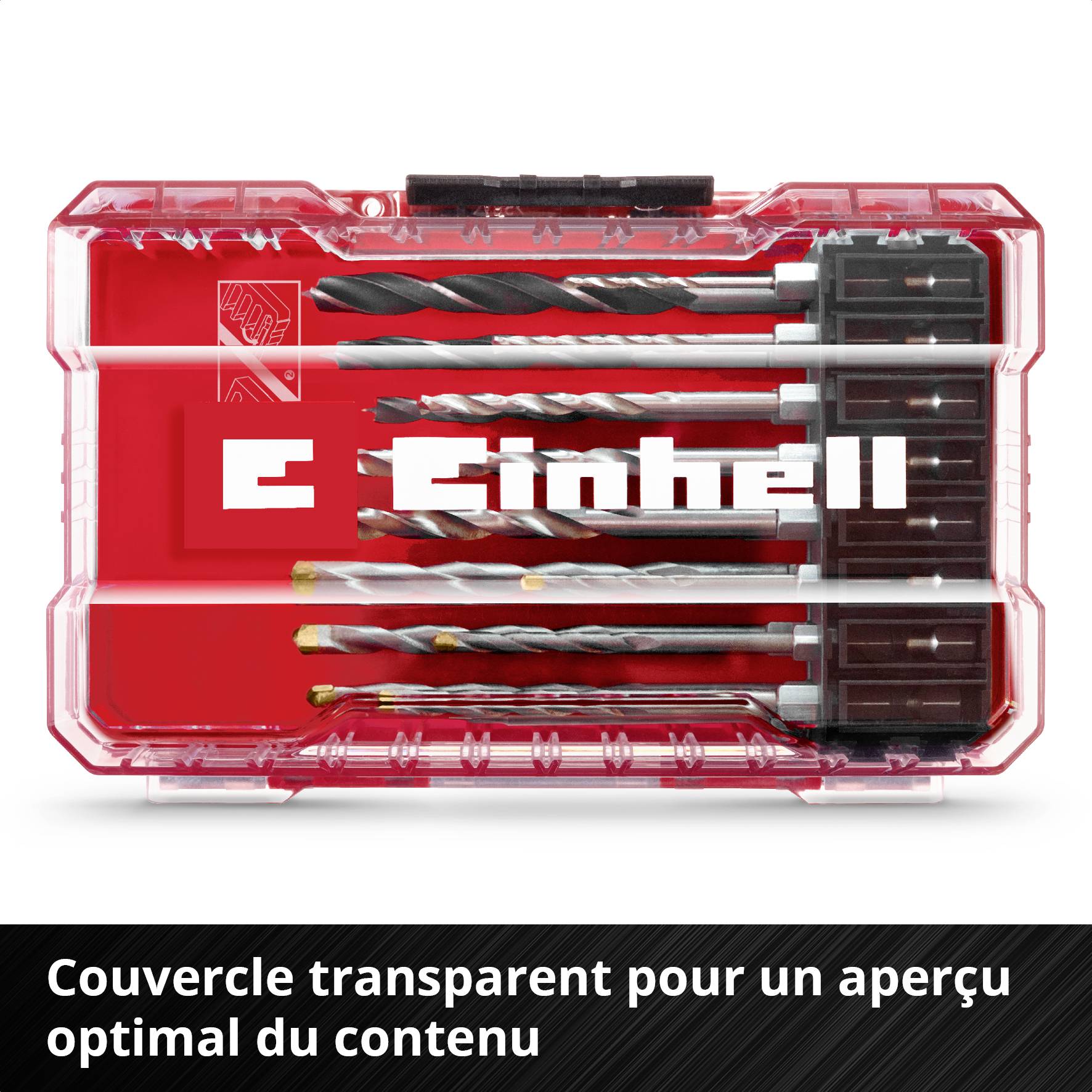Ensemble de forets Einhell dans un coffret en plastique transparent, avec différents forets adaptés pour le métal et le béton. Socle noir.