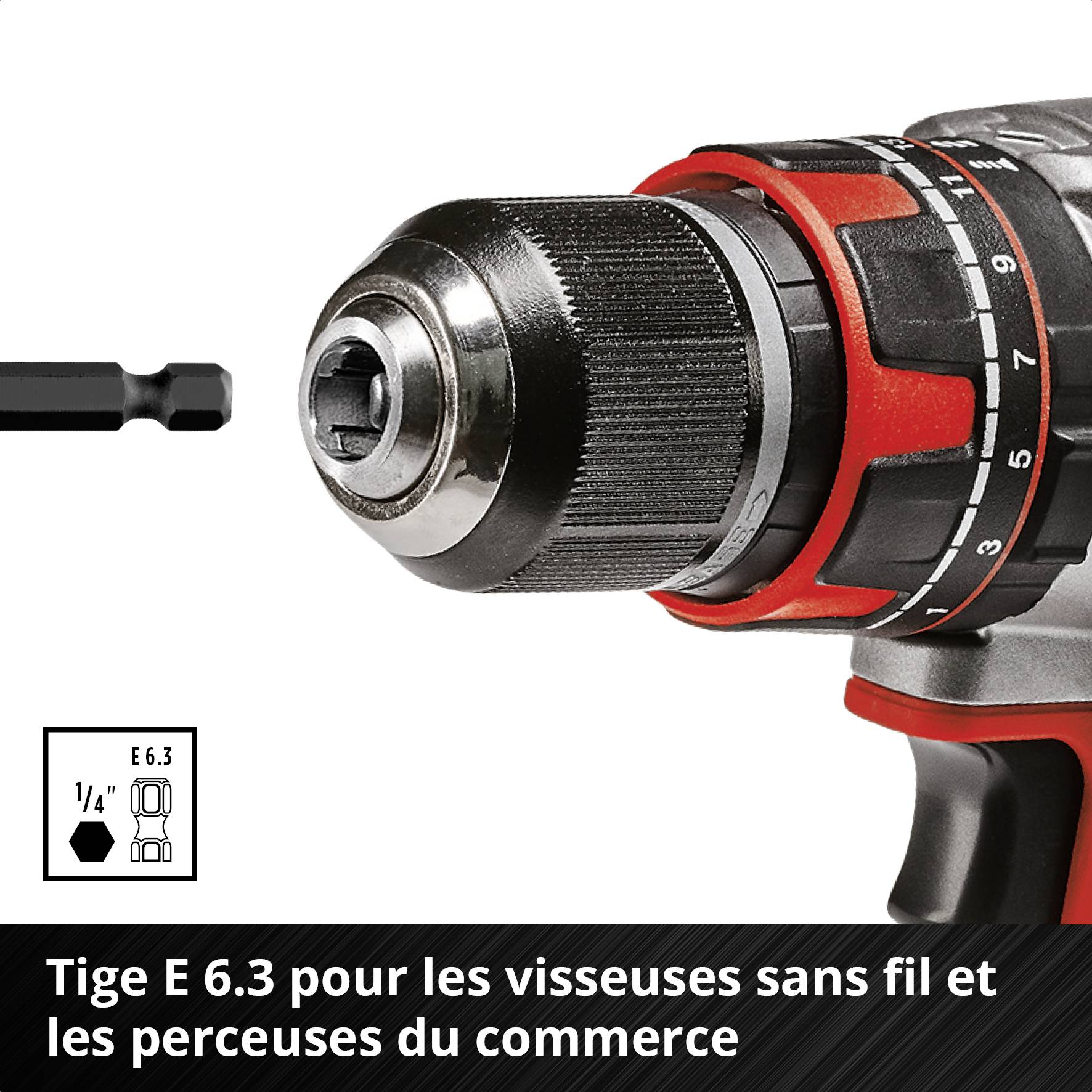 Visseuse sans fil avec mèche, à côté une illustration d'un embout hexagonal. Texte en bas : 'E 6.3 Tige pour visseuses et perceuses d'usage courant'.
