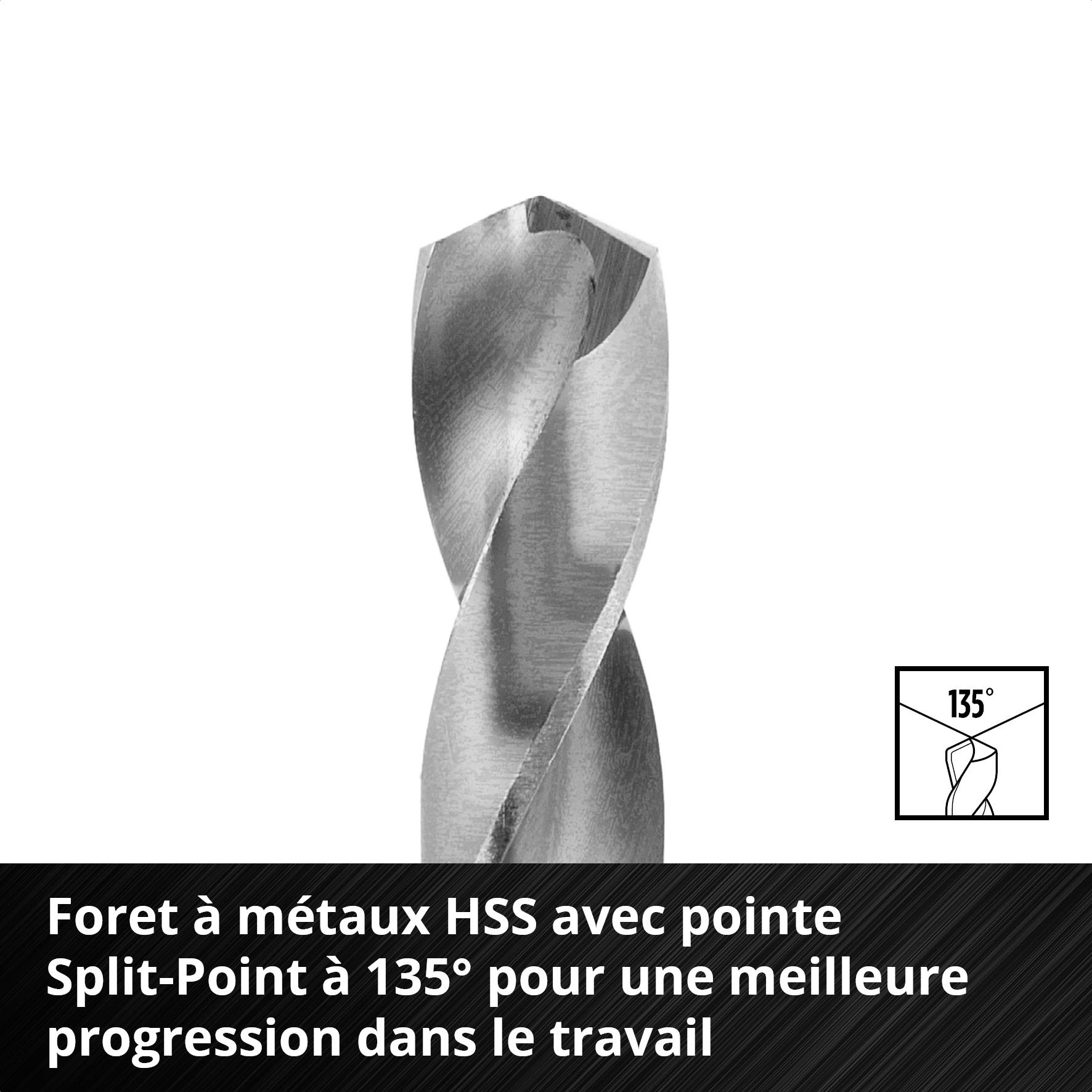 'Foret HSS pour métal avec pointe à 135° Split-Point pour une progression du travail améliorée.' Illustration d'un foret métallique et pictogramme indiquant l'angle.