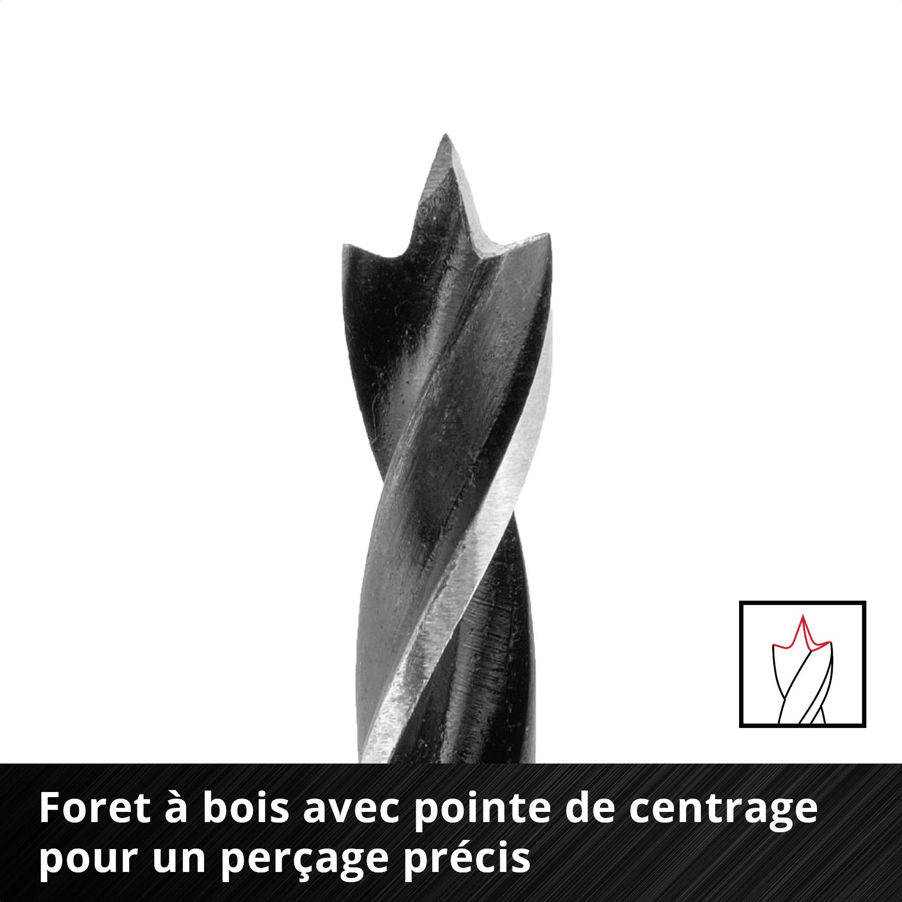 Mèche à bois avec pointe de centrage pour un perçage précis, représentée sur un fond blanc.