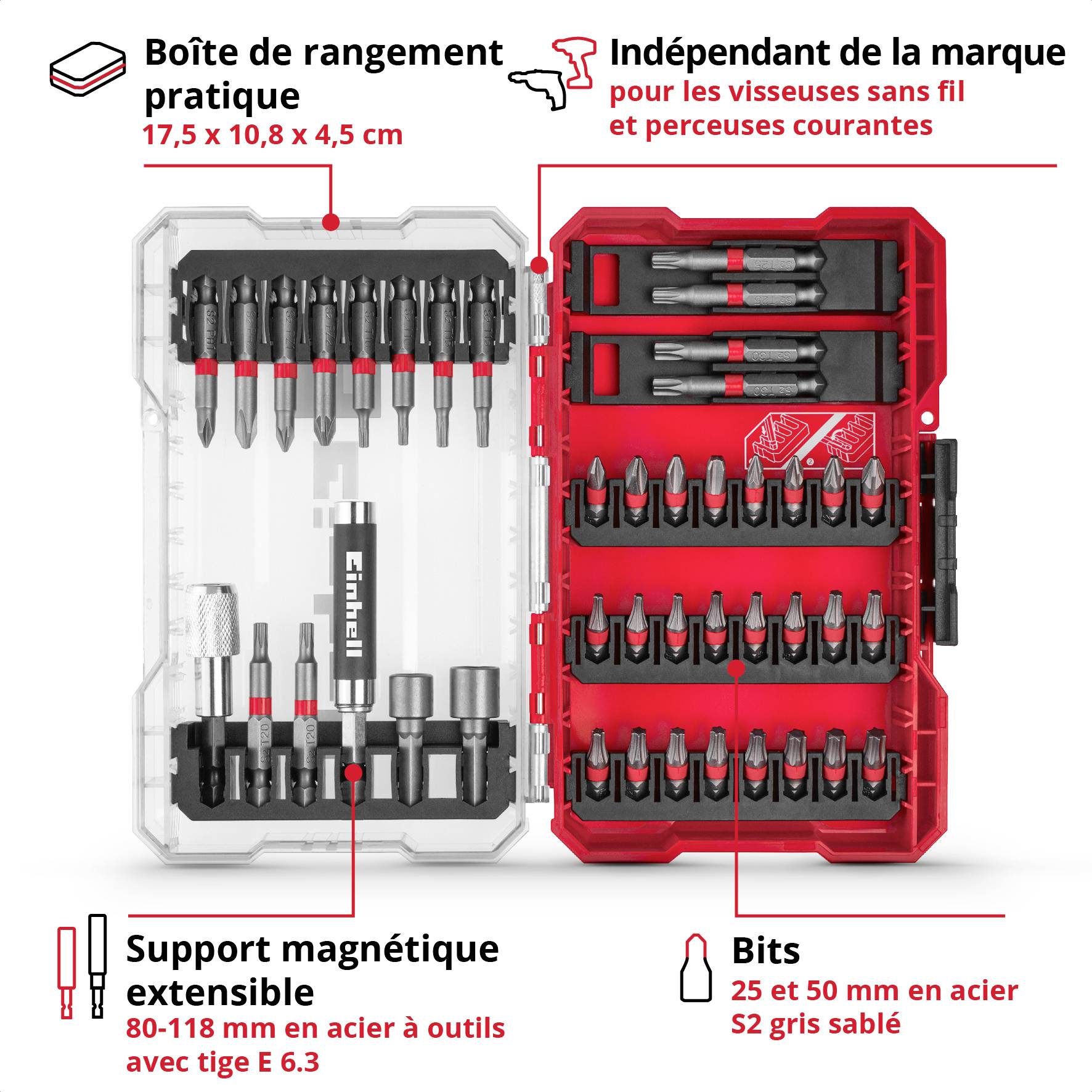 Un ensemble d'embouts de tournevis et de forets dans un boîtier transparent, étiqueté pour perceuses et visseuses sans fil, avec support magnétique.