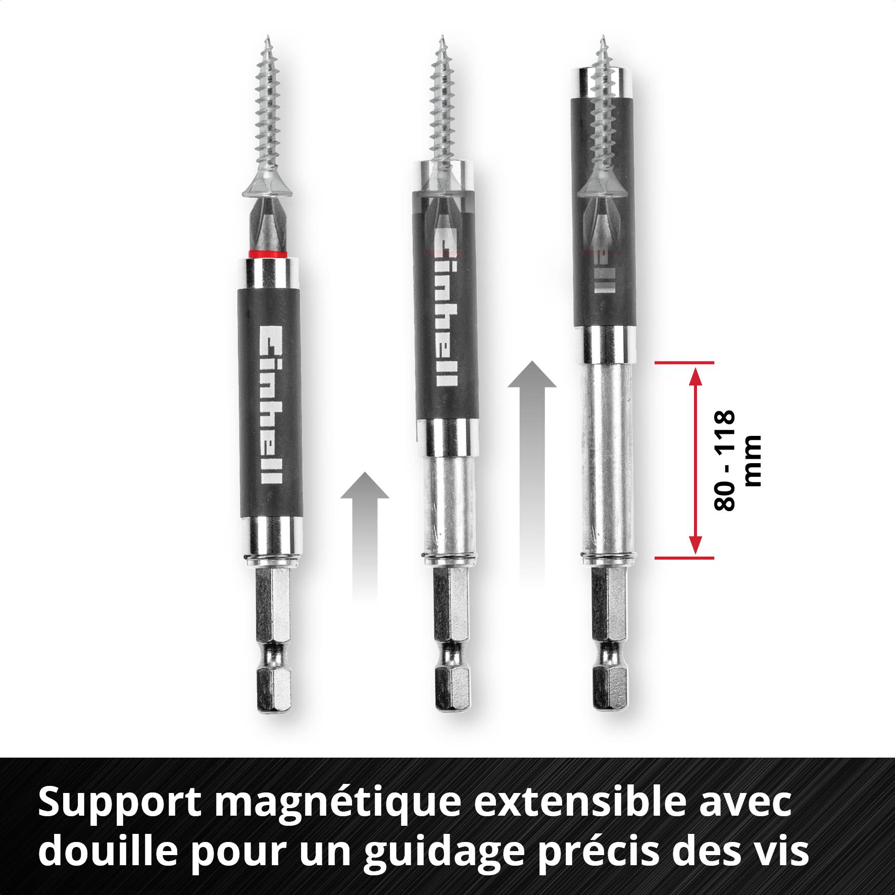 Trois tournevis avec support magnétique rétractable et douille de guidage précis pour les vis, longueur allant jusqu'à 118 mm.