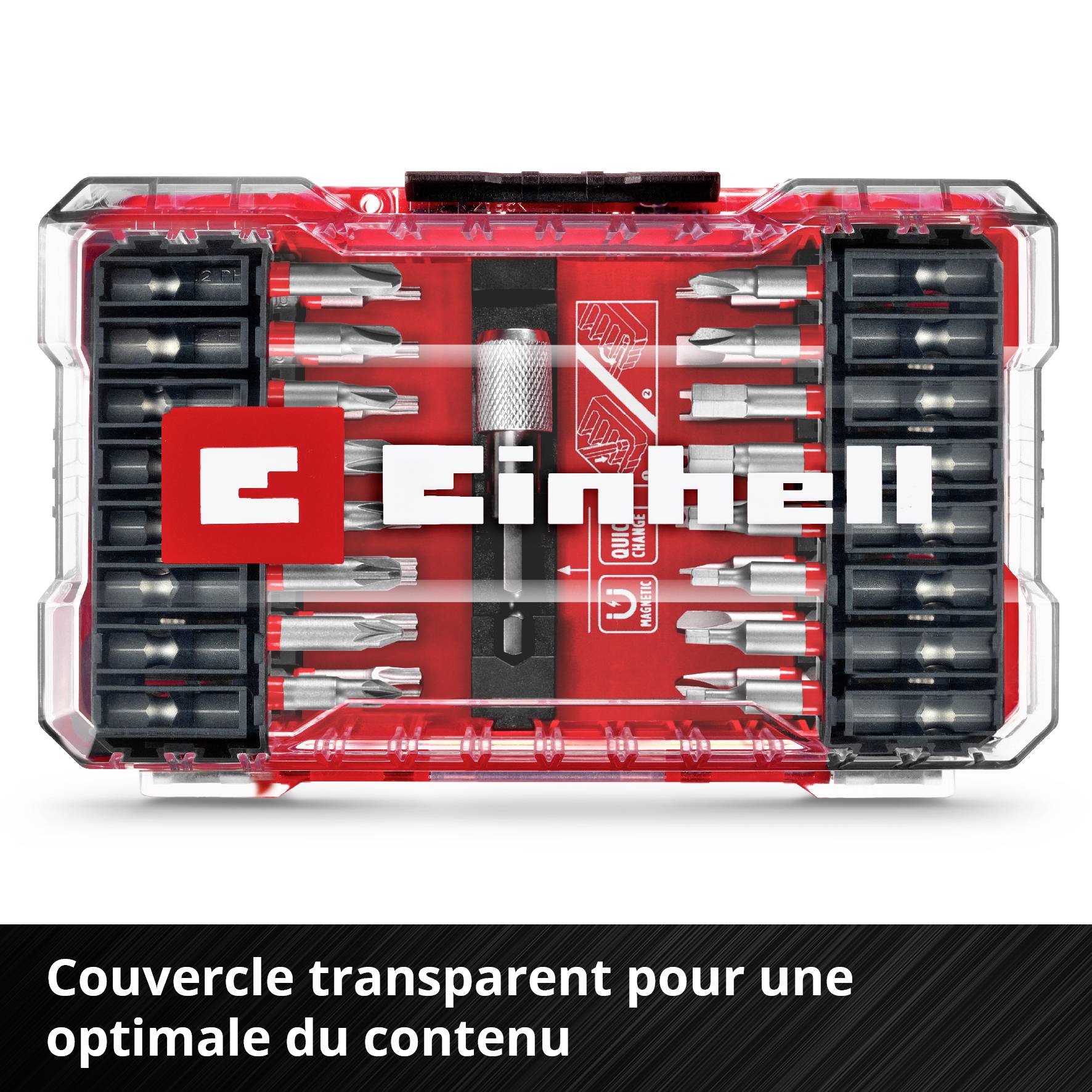 Coffret de forets dans un boîtier transparent avec logo et texte "Couvercle transparent pour une vue optimale du contenu" en dessous.
