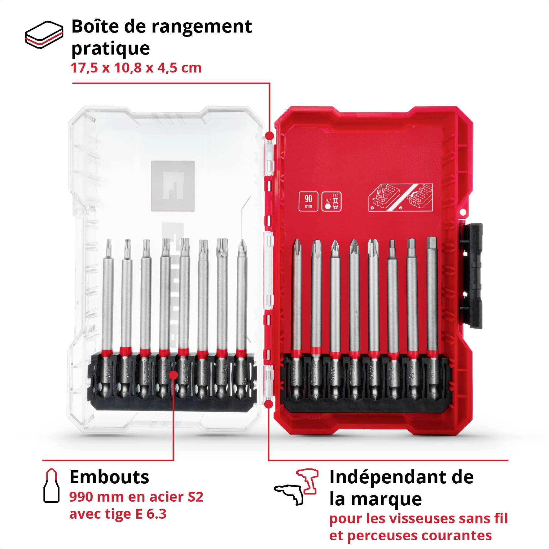 Boîte de rangement pratique avec embouts en acier S2, 90 mm, tige E 6.3. Compatible avec toutes les marques de perceuses et visseuses sans fil.