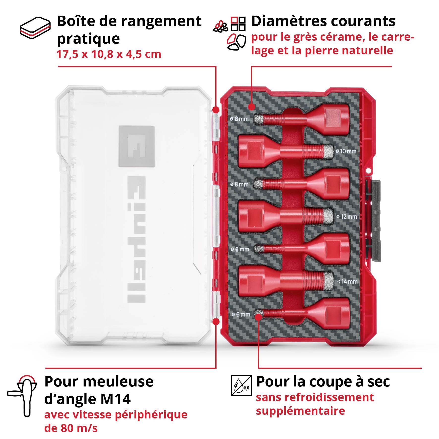 Boîte de rangement pour couronnes de forage diamantées pour le meulage à sec, pour meuleuse d'angle M14. Dimensions : 17,5 x 10,8 x 4,5 cm. Adapté pour les carrelages.