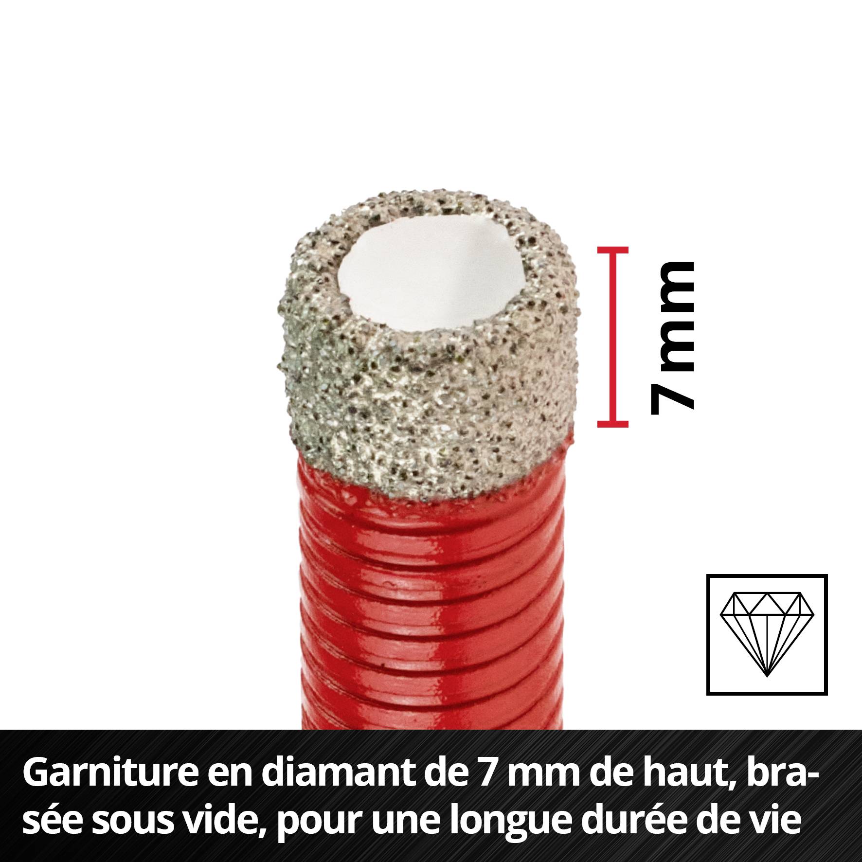 Tuyau rouge avec un revêtement de diamant soudé sous vide de 7 mm de hauteur pour une durée de vie prolongée. Le texte indique la hauteur et symbolise la qualité.