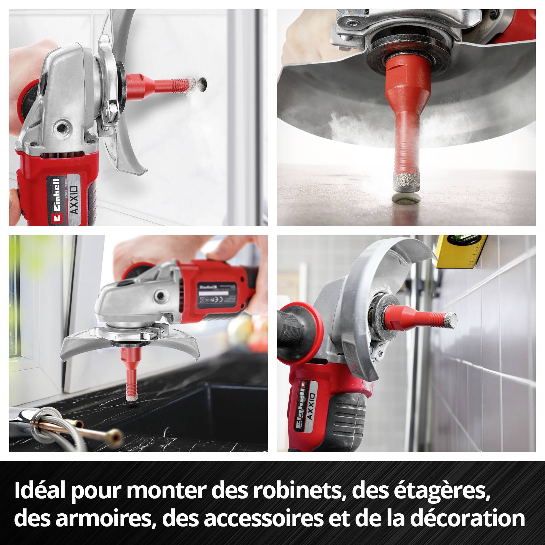 Quatre images montrent des outils lors du montage de robinetterie, d'étagères et d'armoires. Texte : 'Idéal pour la pose de robinetterie, étagères, armoires, accessoires et décorations'.