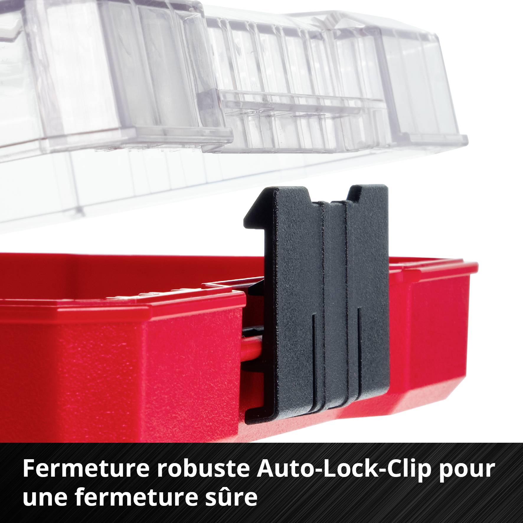Clip de verrouillage robuste sur un conteneur rouge, montrant un mécanisme de fermeture offrant une sécurité optimale.