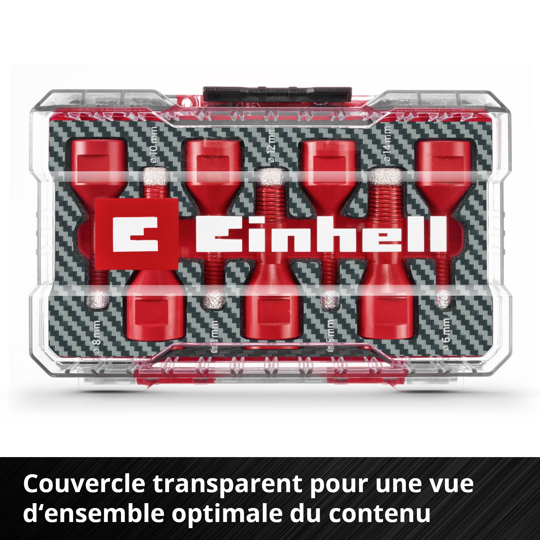 Une valise avec un insert rouge pour les douilles, un couvercle transparent et l'inscription 'Einhell'. Texte : 'Couvercle transparent pour une vue d'ensemble optimale du contenu'.