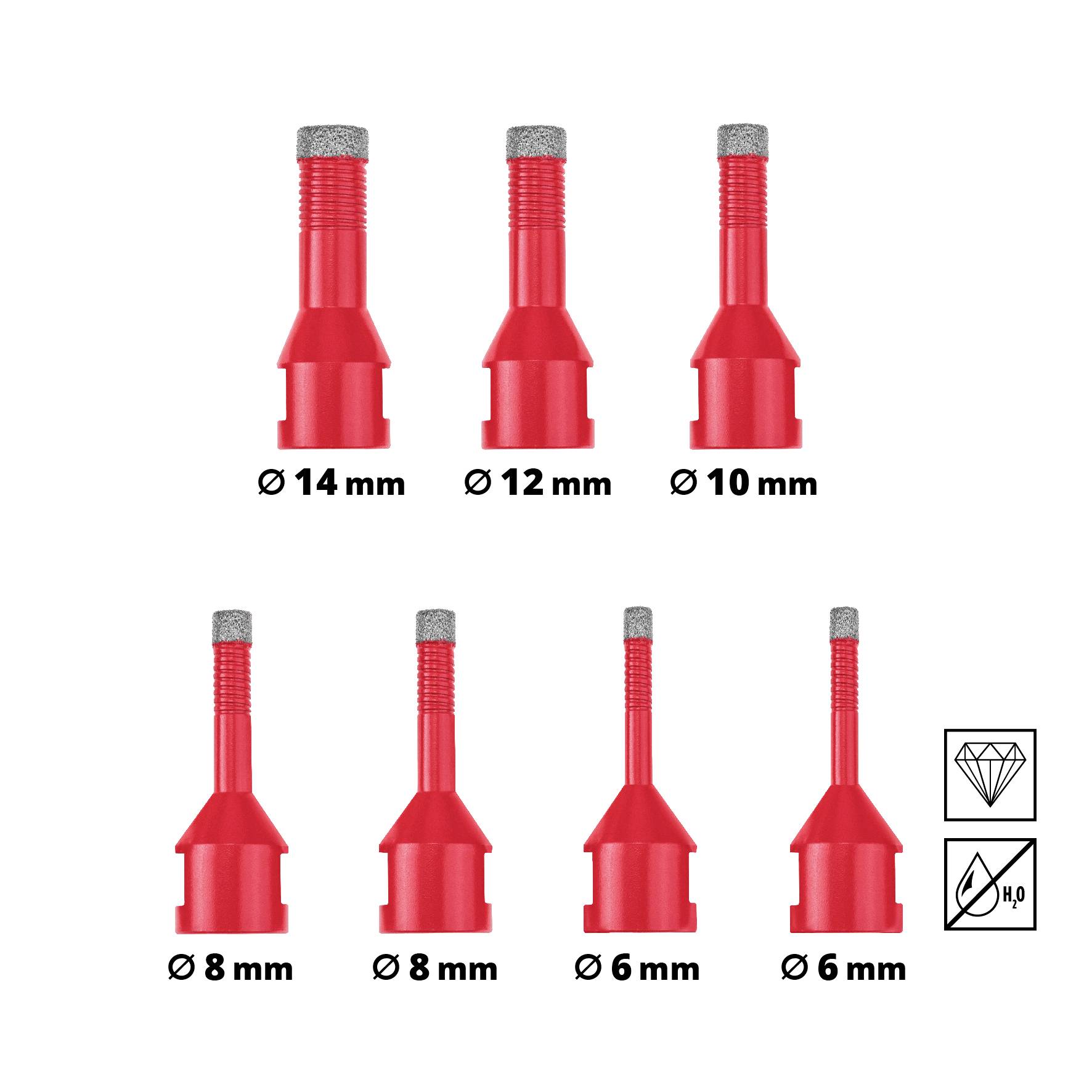 Sept couronnes de forage rouges en deux rangées ; rangée supérieure : diamètres 14, 12, 10 mm, rangée inférieure : 8, 8 et 6 mm. Symboles pour les carottiers diamantés et l'alimentation en eau.