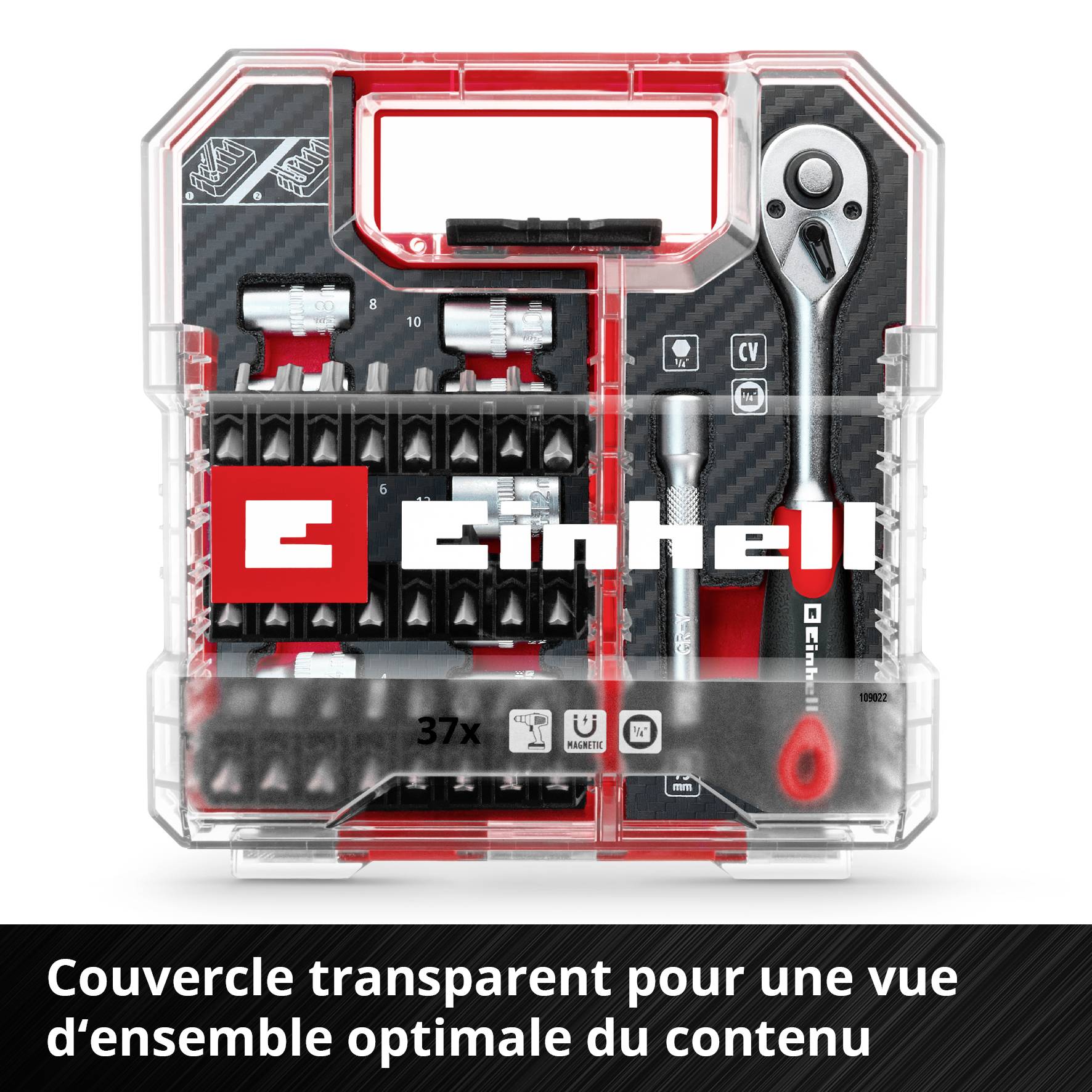 Coffret à outils Einhell avec 37 pièces, comprenant des clés et des embouts. Couvercle transparent pour une visibilité optimale du contenu.