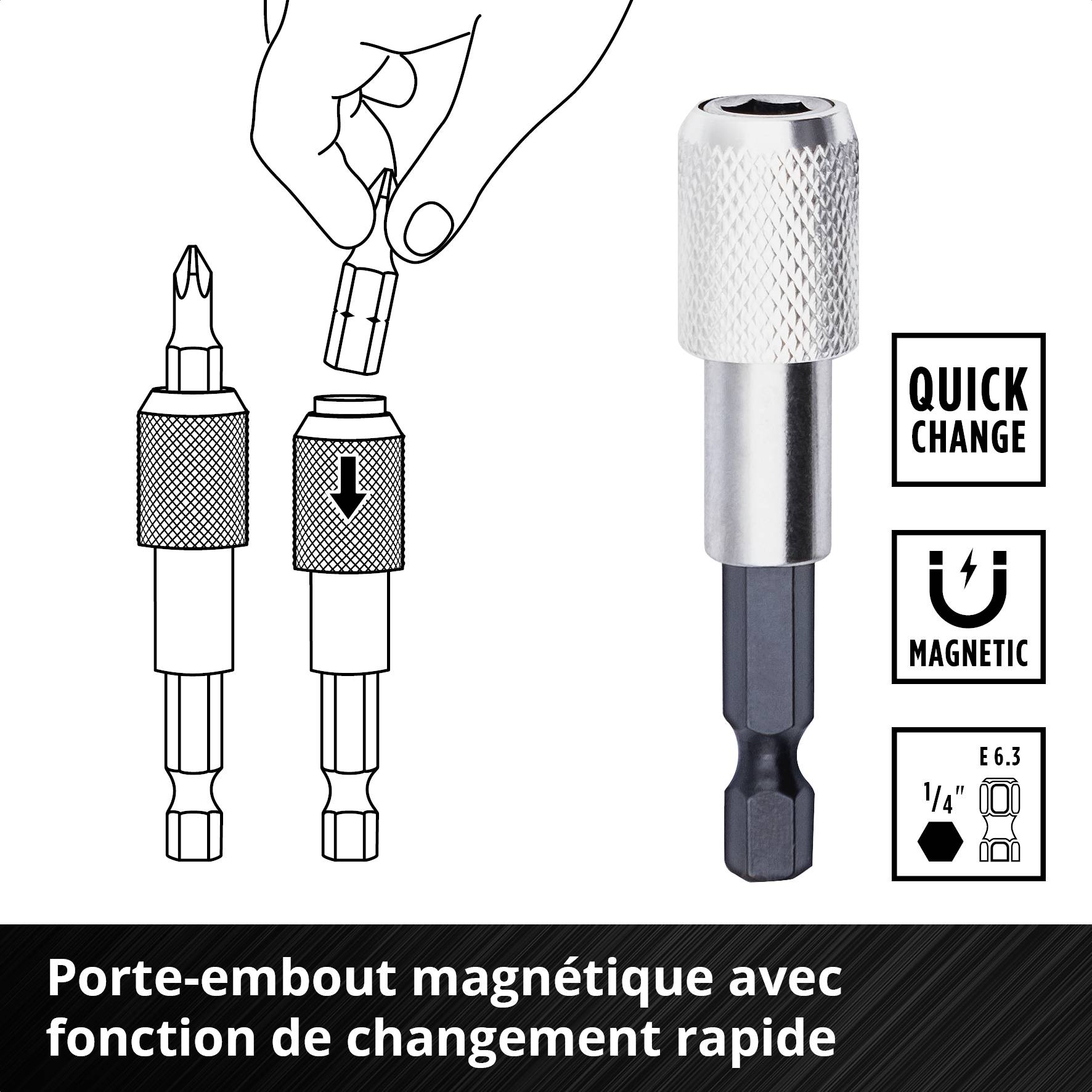 Porte-embout magnétique avec fonction de changement rapide. L'illustration montre une main insérant un embout dans le support. Icônes : 'CHANGEMENT RAPIDE', 'MAGNÉTIQUE'.