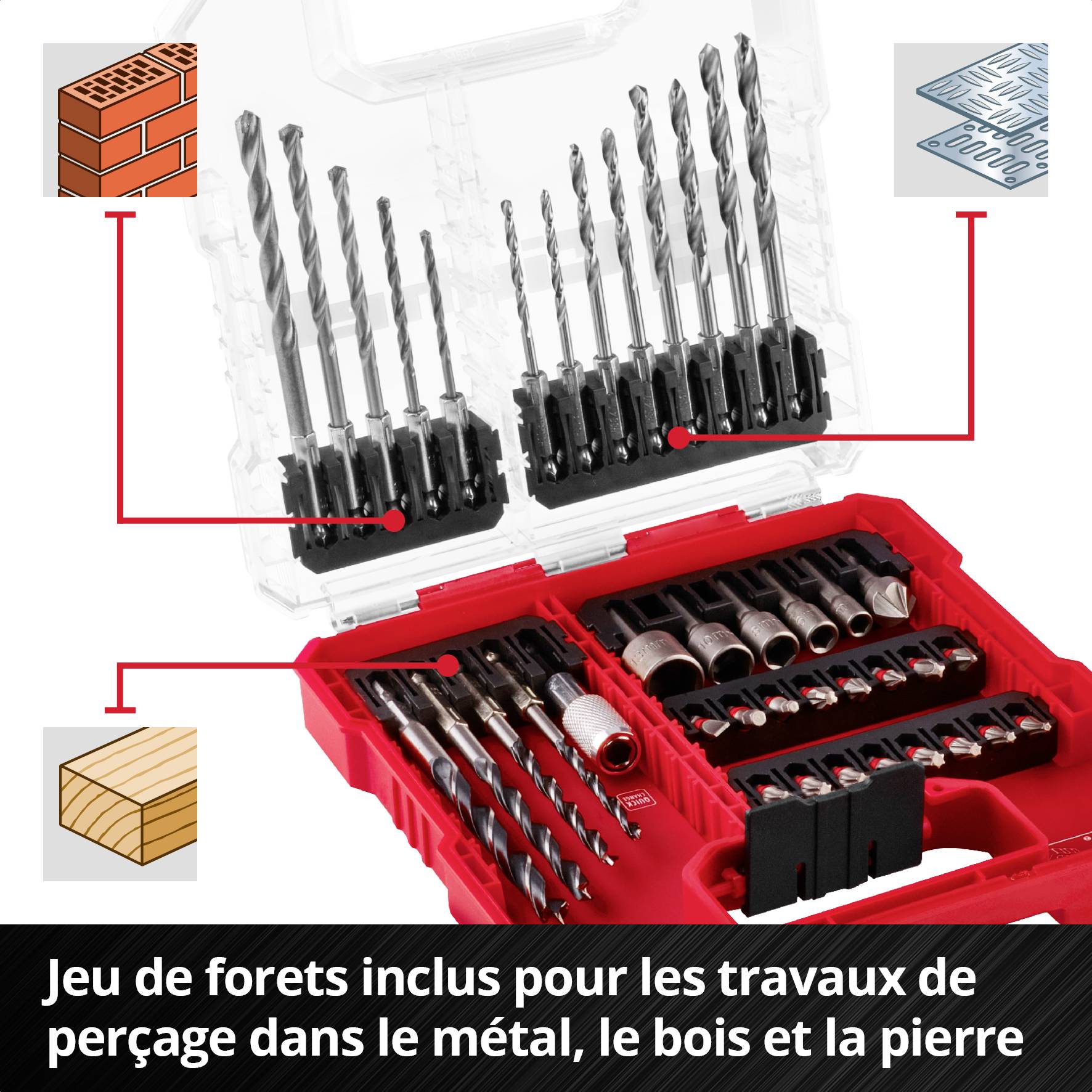 Valise ouverte contenant différents forets et embouts de vissage. Texte : 'Inclus un ensemble de forets pour travaux de perçage en métal, bois et pierre'. Symboles des matériaux à gauche.