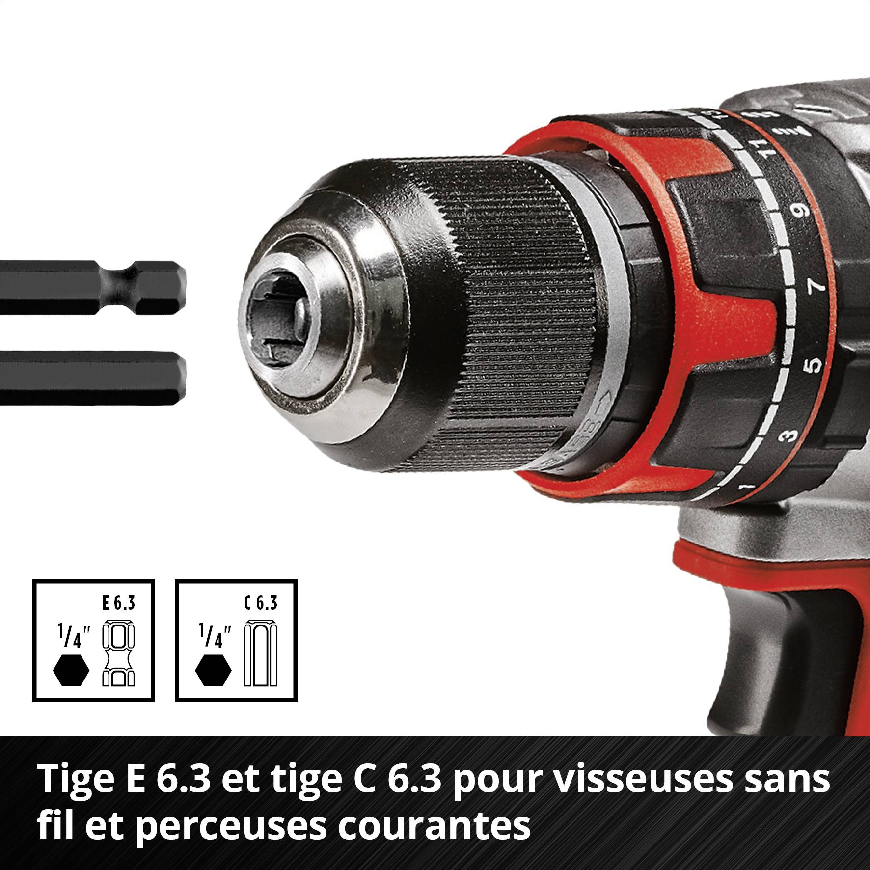 Visseuse avec tige de 6,3 mm ; compatible avec les perceuses standard du commerce. Comprend une illustration de la tige et de la tête de l'outil.