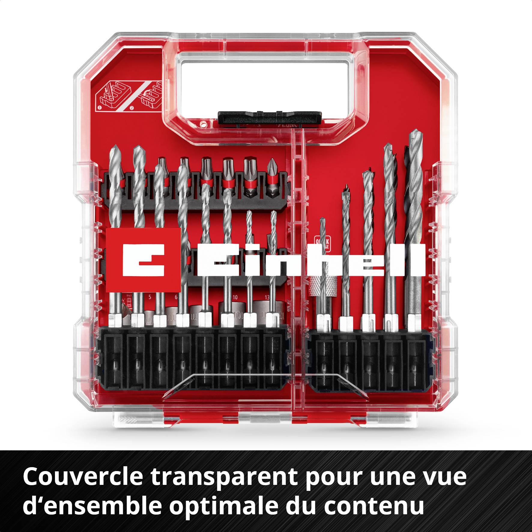 'Ensemble d'outils Einhell dans un boîtier transparent, idéal pour un aperçu du contenu. Différentes mèches et embouts dans des coloris rouge et noir.'