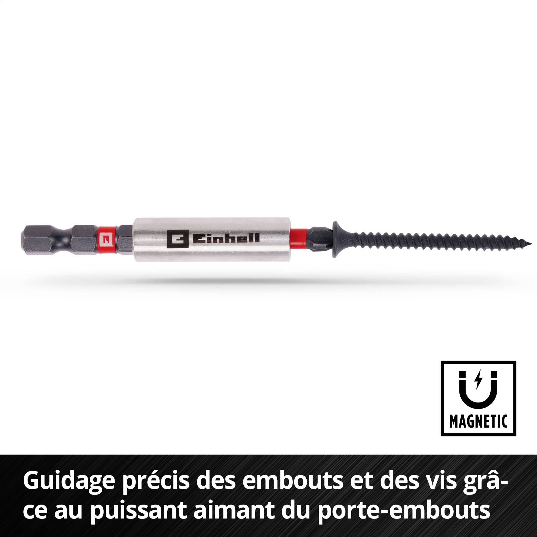 Porte-embout Einhell avec vis et aimant, sur fond blanc. Texte : 'Guidage précis des embouts et des vis grâce à des aimants puissants'.