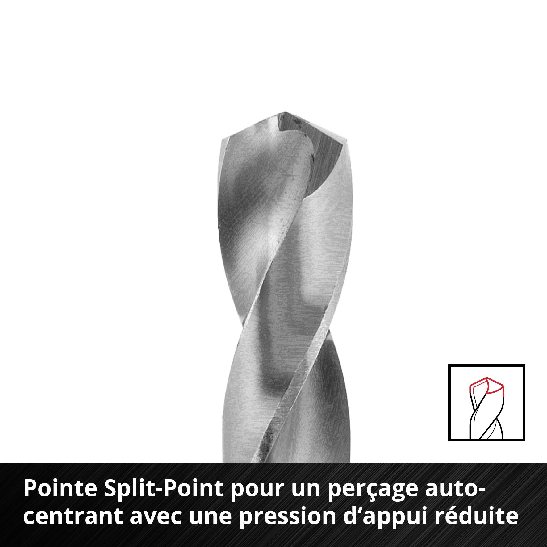 'Foret à pointe fendue pour un perçage autocentrant avec pression d'appui réduite.' Foret spiralé plus robuste pour un perçage précis.