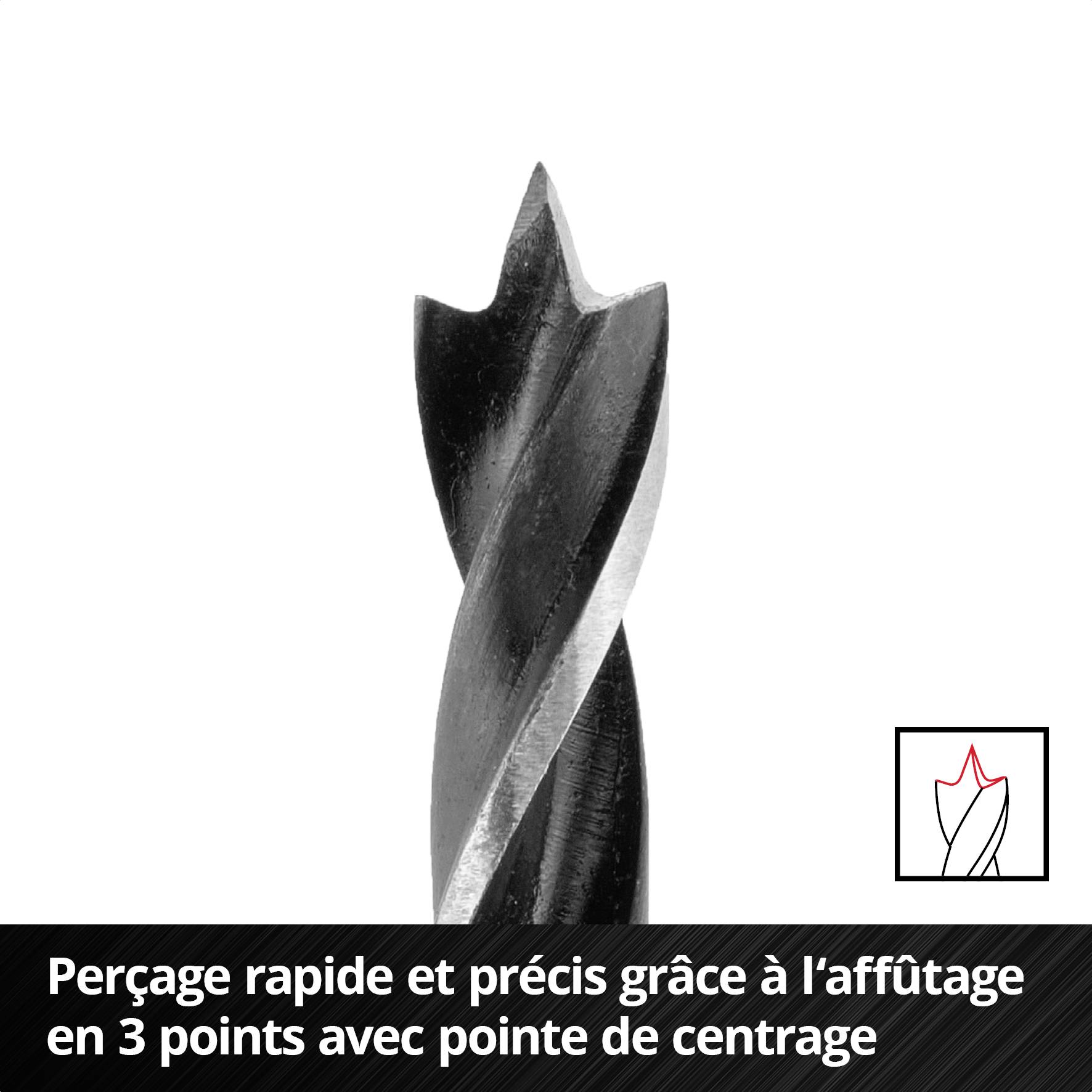 Mandrin de perceuse avec meulage 3 points et pointe de centrage pour un perçage rapide et précis.