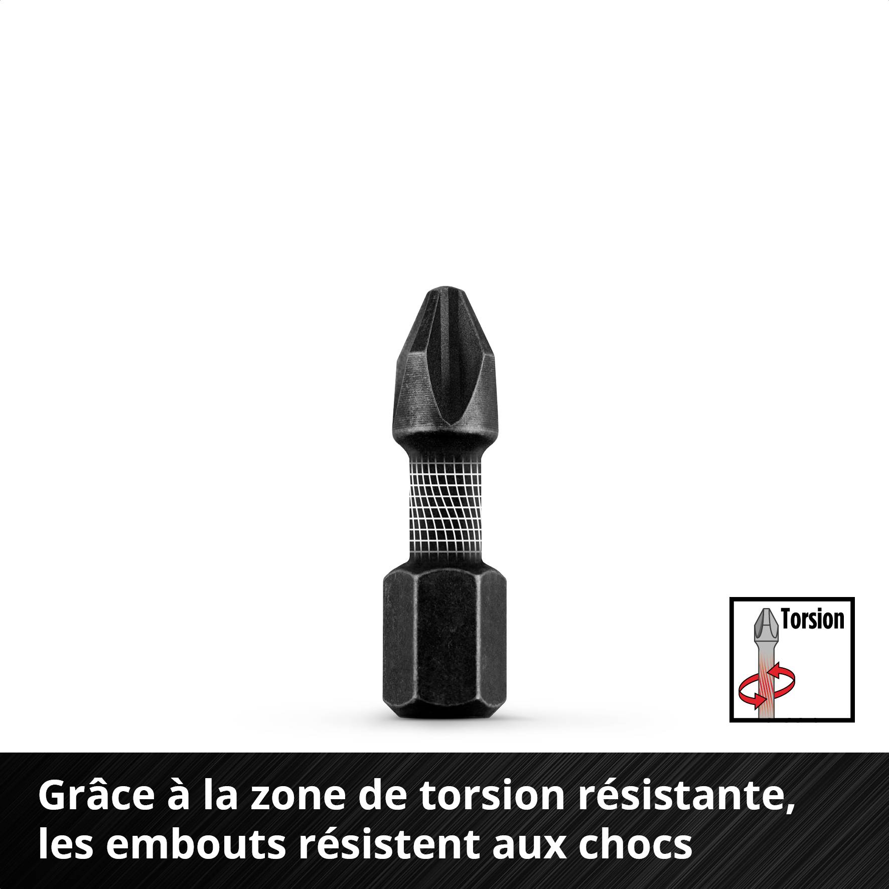 'Un embout de tournevis noir avec une zone de torsion résistante et antichoc, sur un fond blanc.'