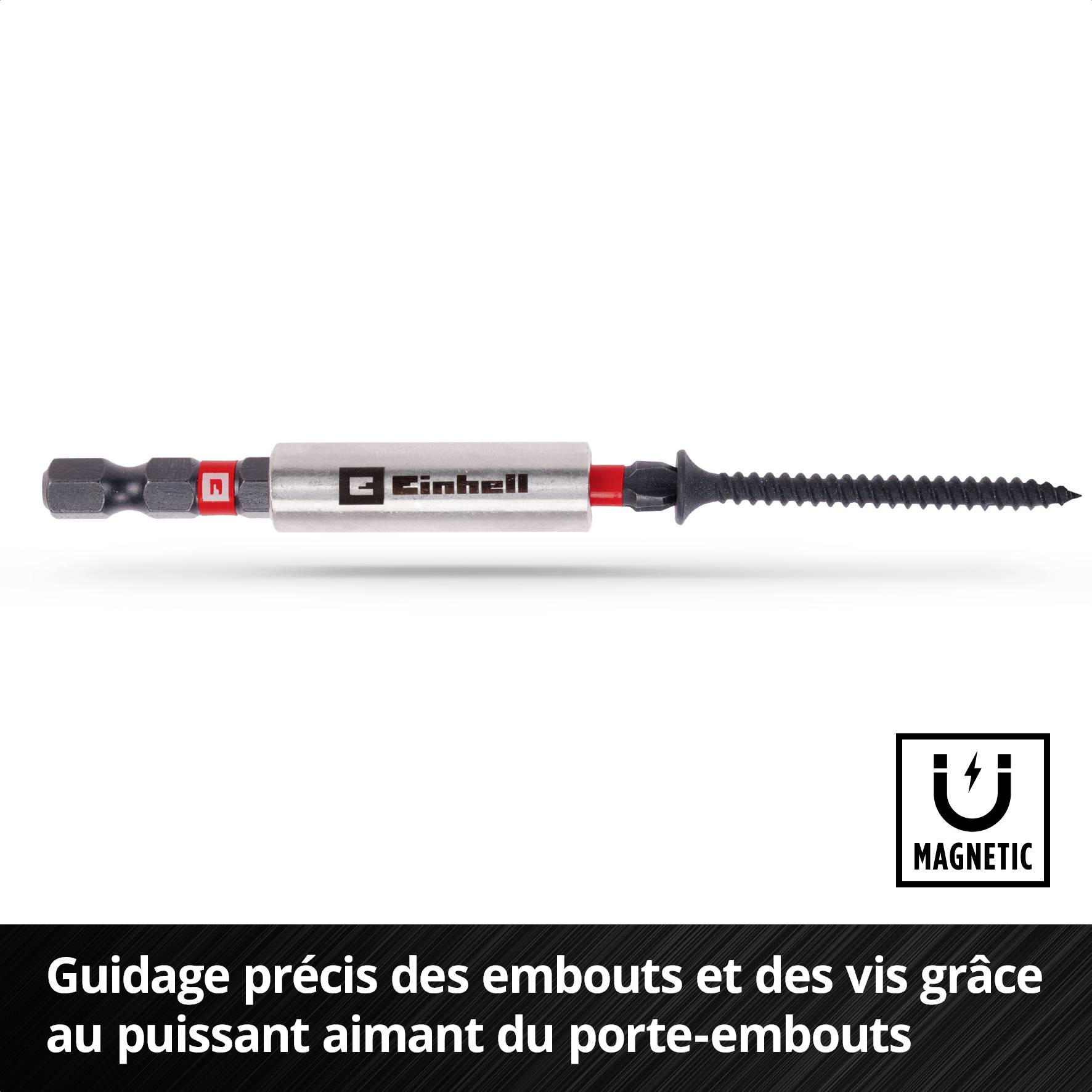 Un embout de tournevis avec un aimant puissant pour un guidage précis de l'embout et de la vis. Texte : 'Guidage précis de l'embout et de la vis'.