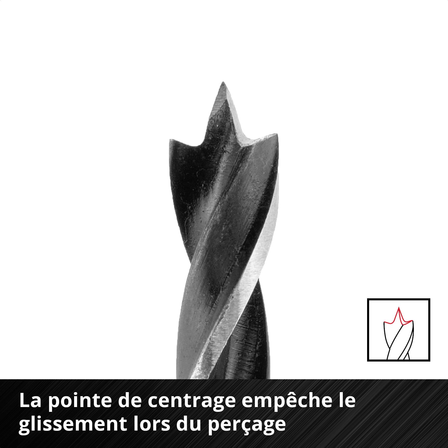 Foret avec pointe de centrage qui empêche le glissement lors du perçage initial. Design spiralé noir pour une précision optimale.