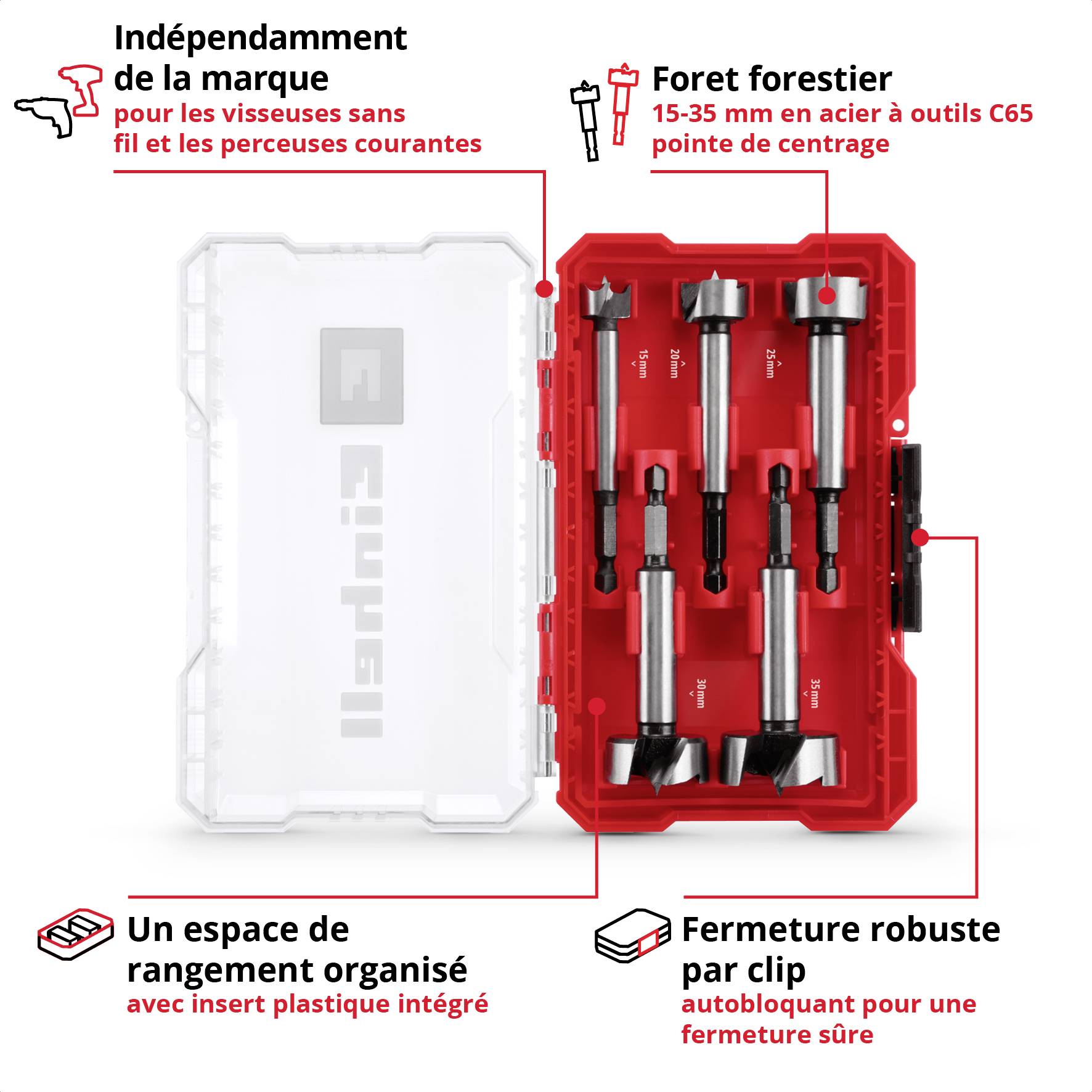Ensemble d'outils à batterie avec mèches à forêt. Comprend un espace de rangement organisé et une fermeture automatique pour les perceuses-visseuses courantes.