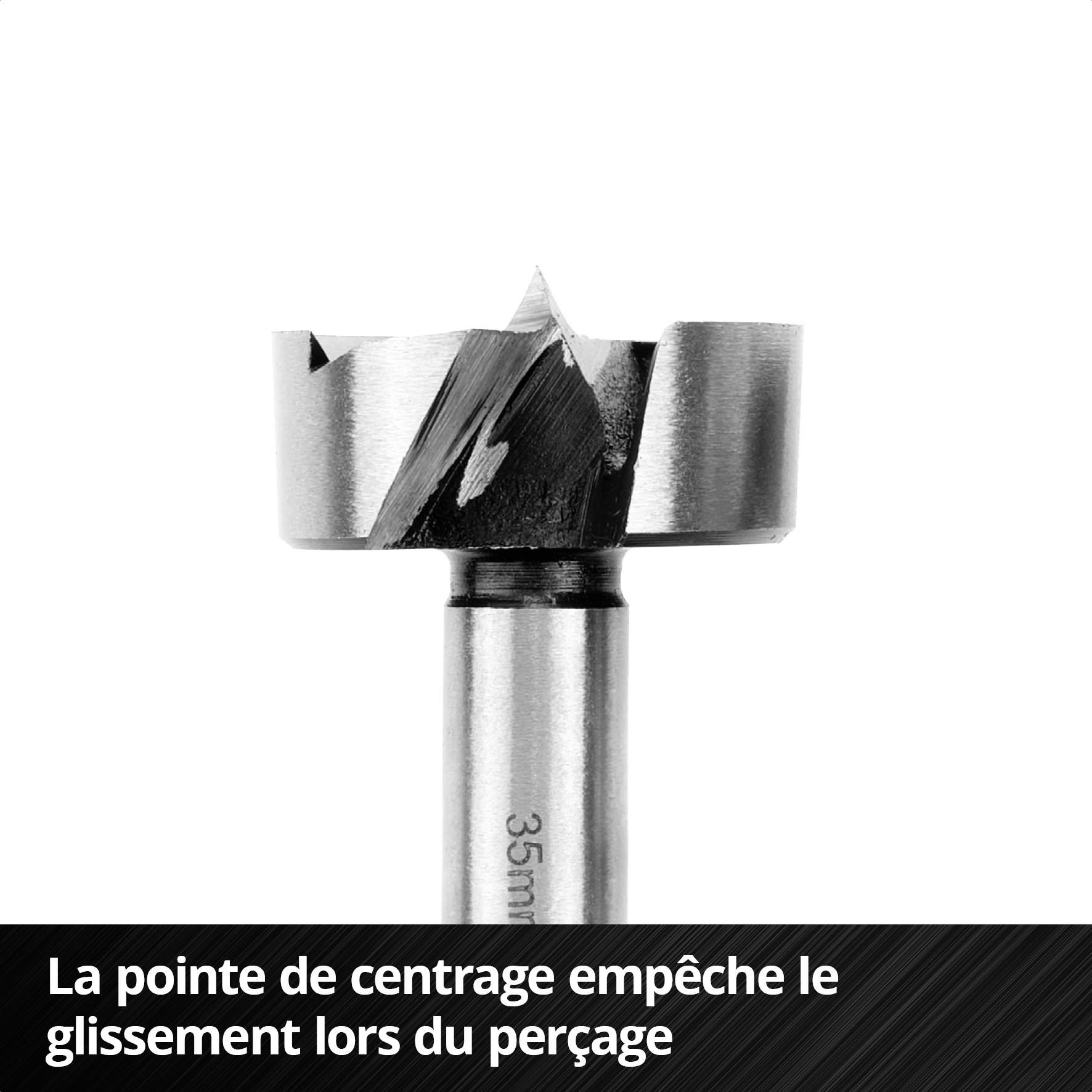 Mèche de Forstner avec pointe de centrage et texte noir : « La pointe de centrage empêche le glissement lors du perçage initial ».