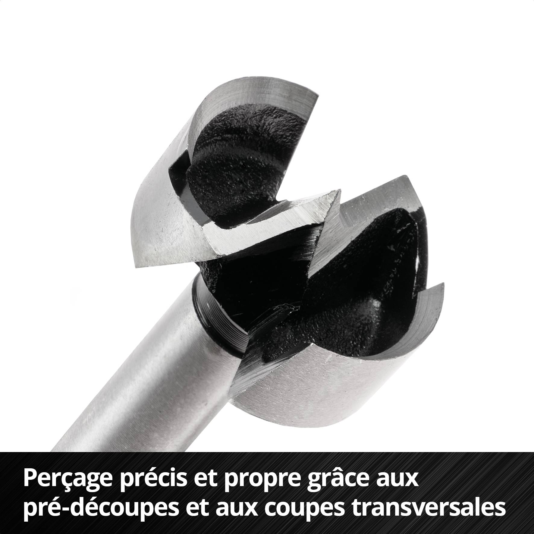 Mèche de Forstner aux tranchants acérés, adaptée pour percer précisément et proprement le bois. Texte : 'Perçage précis et propre grâce aux coupes radiales et transversales'.