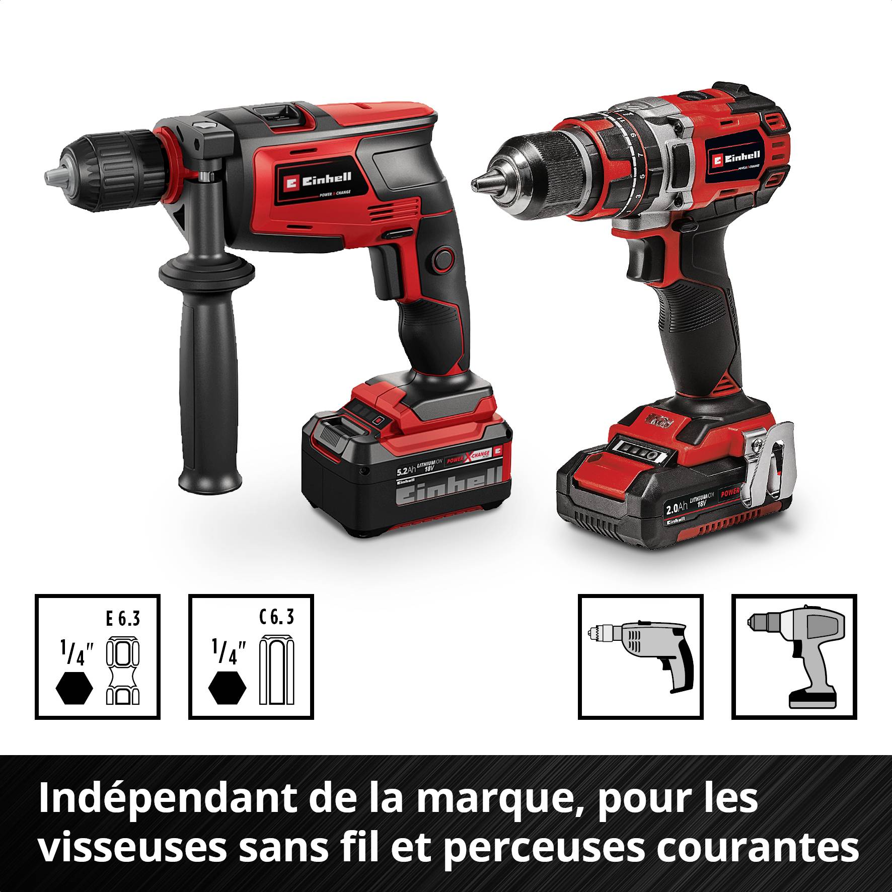 Deux tournevis sans fil rouges avec accessoires. Texte : 'Compatible avec les marques de tournevis sans fil et perceuses courantes'.