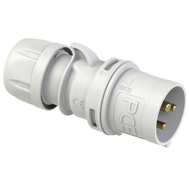 Une fiche électrique blanche à trois broches métalliques dorées, adaptée aux applications industrielles.