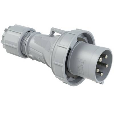 Fiche électrique grise au design circulaire, équipée de plusieurs contacts métalliques, adaptée aux applications industrielles.