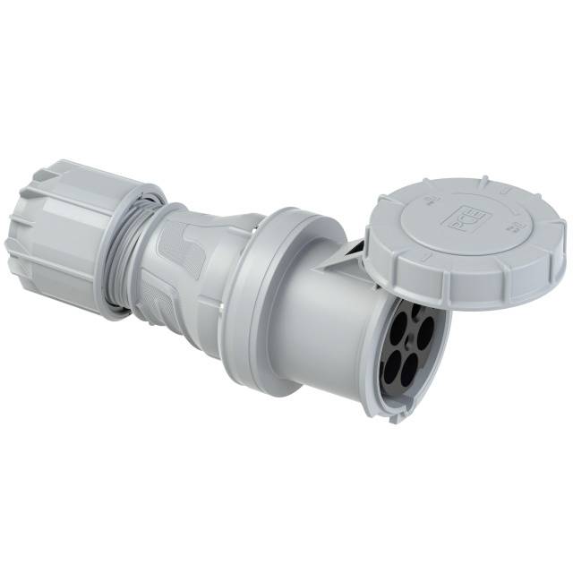 Prise électrique de forme cylindrique, grise, avec un capuchon amovible sur le côté droit. Principalement utilisée pour des applications industrielles.