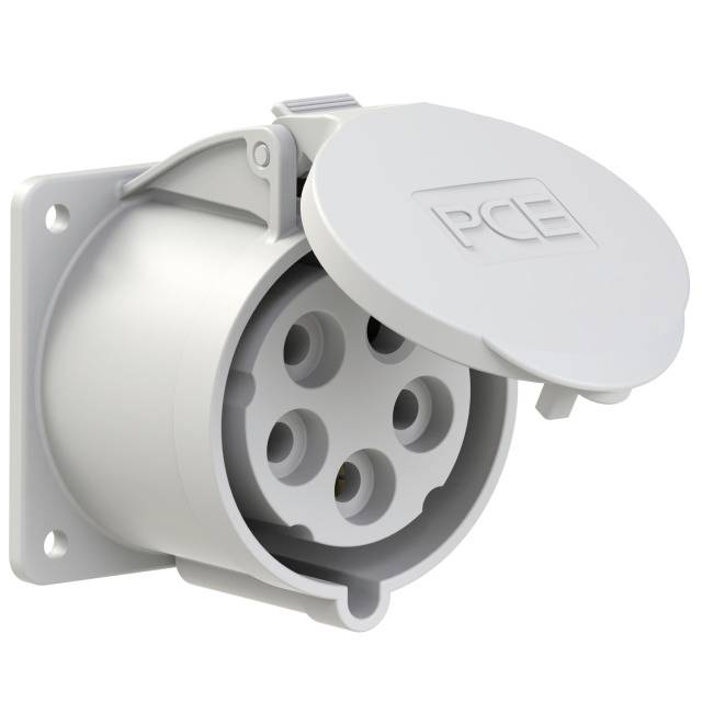 Prise industrielle avec couvercle rabattable, blanche, adaptée aux conditions environnementales robustes.