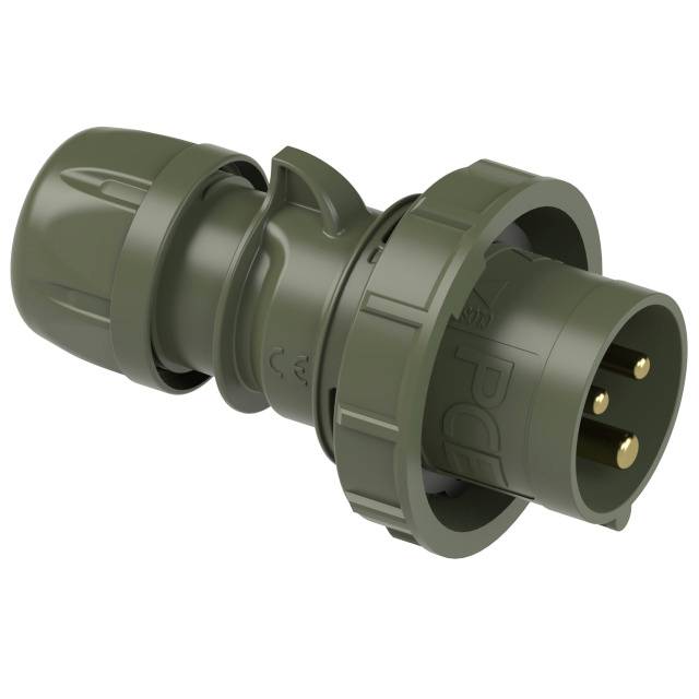 Un connecteur cylindrique vert olive avec trois broches métalliques et un verrouillage rotatif, adapté aux connexions électriques robustes.