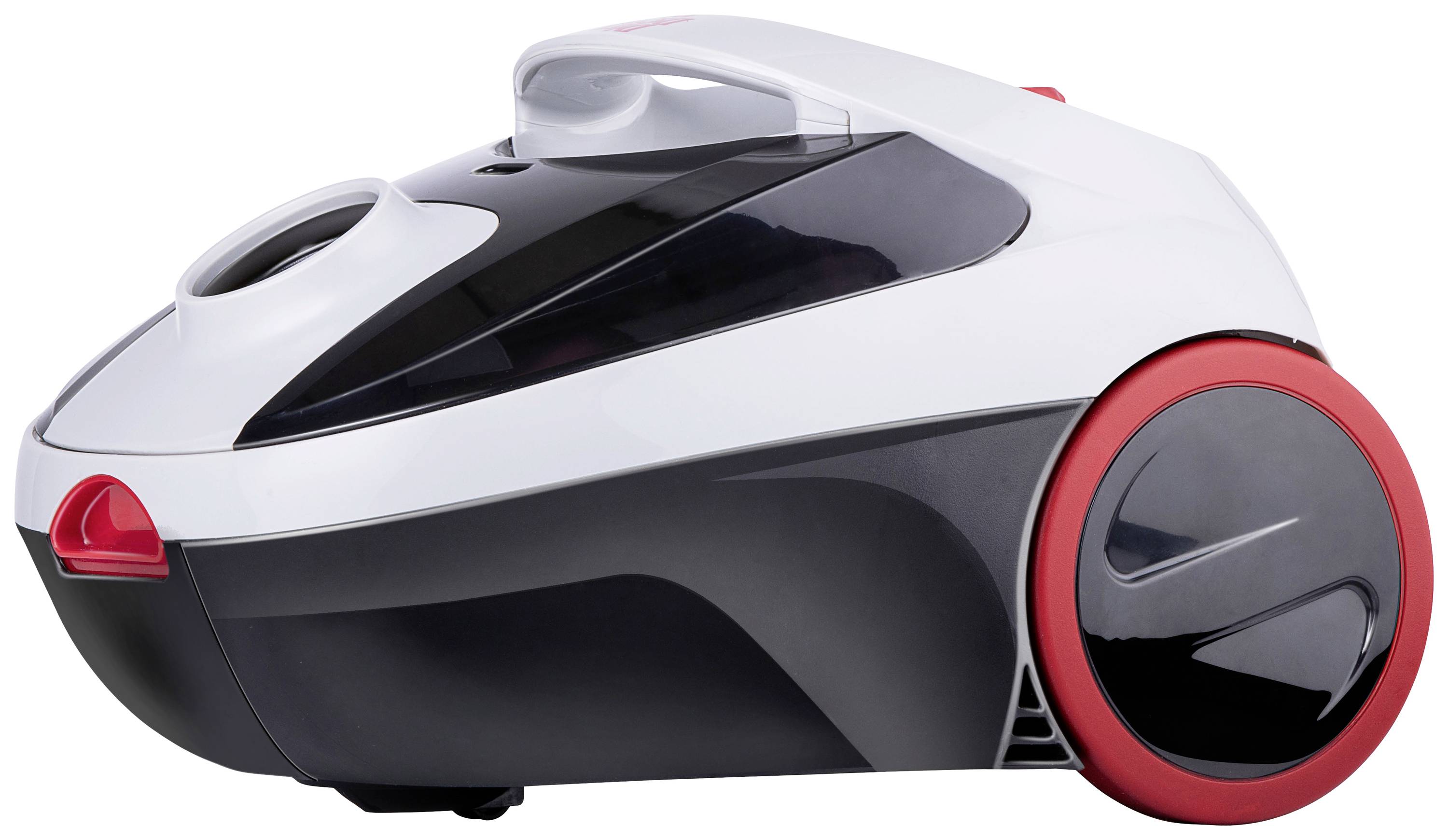 Un aspirateur moderne avec des roues rouges et un boîtier noir, vu de côté.