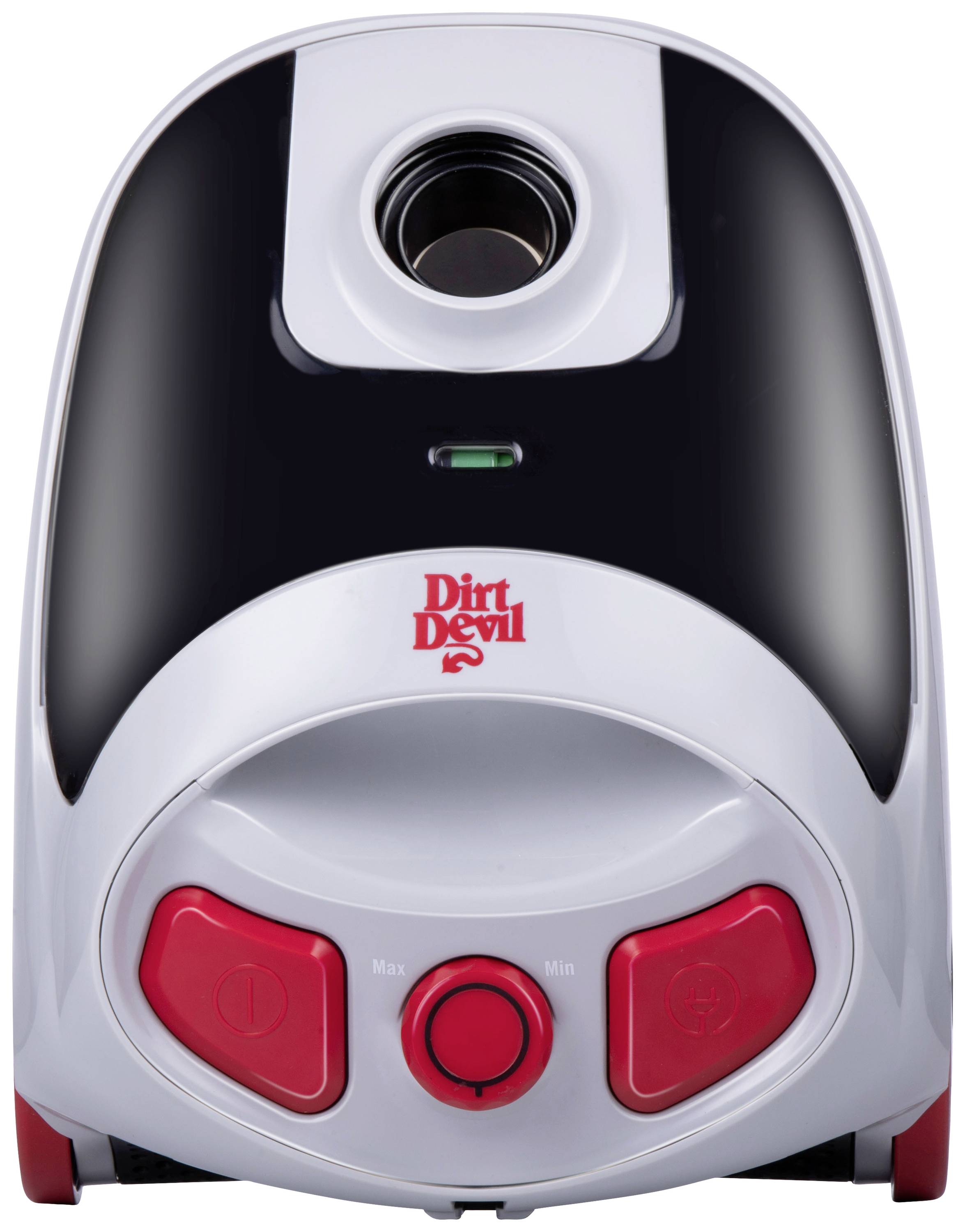 Aspirateur en blanc et noir avec le logo rouge 'Dirt Devil', bouton central et curseur de puissance d'aspiration.