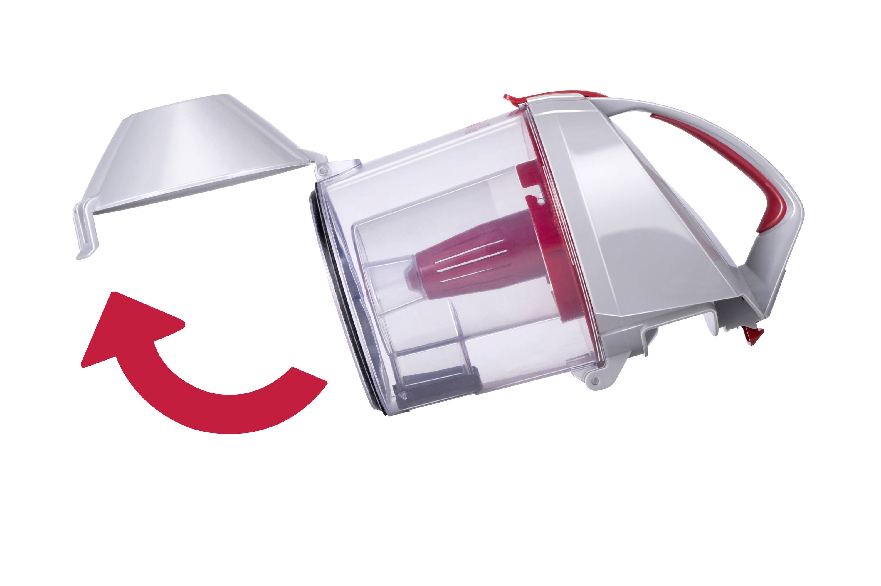 Un réservoir à poussière transparent d'un aspirateur avec une poignée rouge est ouvert, la flèche indique le sens de l'ouverture.