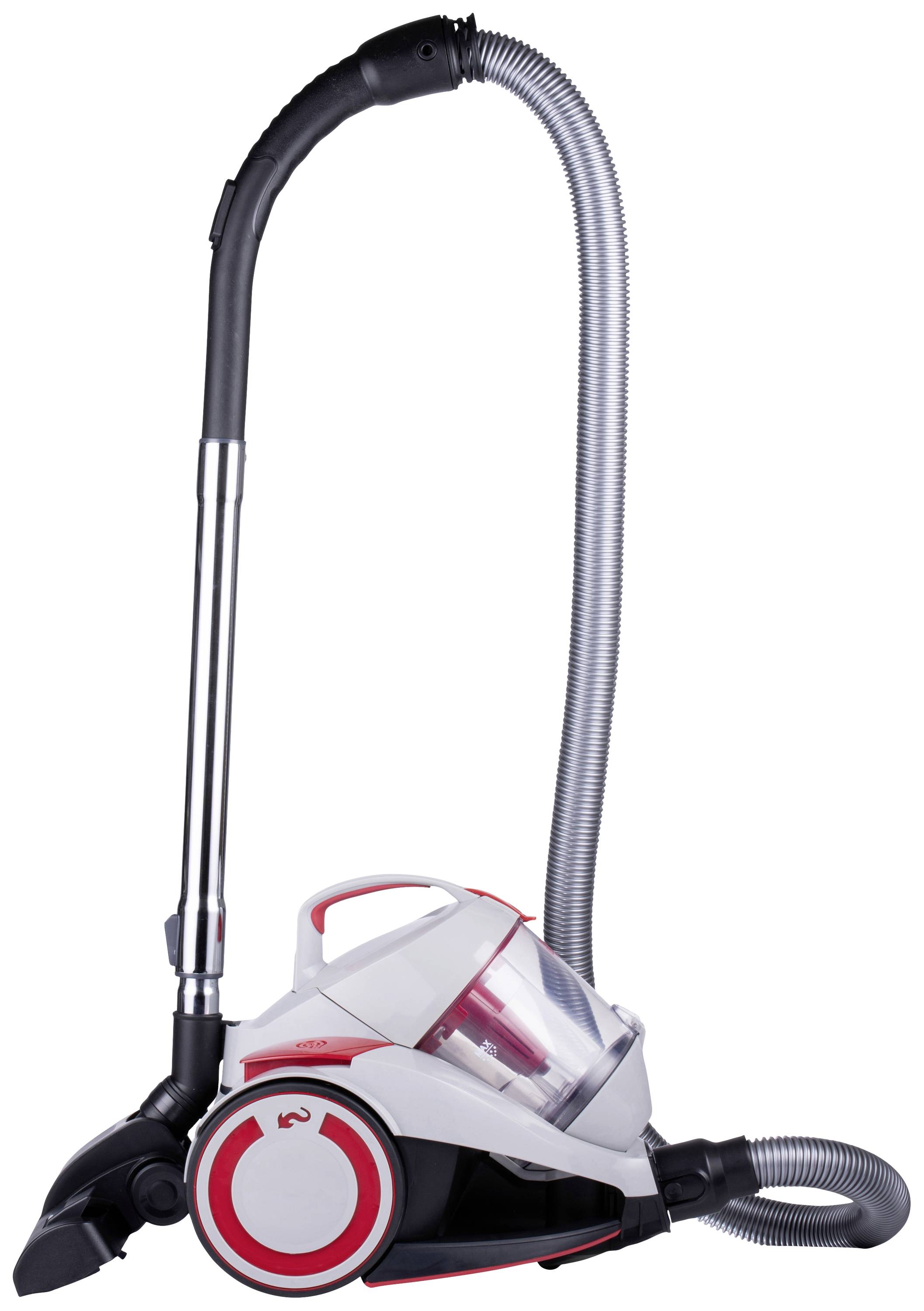 Un aspirateur cylindrique blanc avec une décoration rouge et un réservoir à poussière transparent est posé sur un fond blanc.