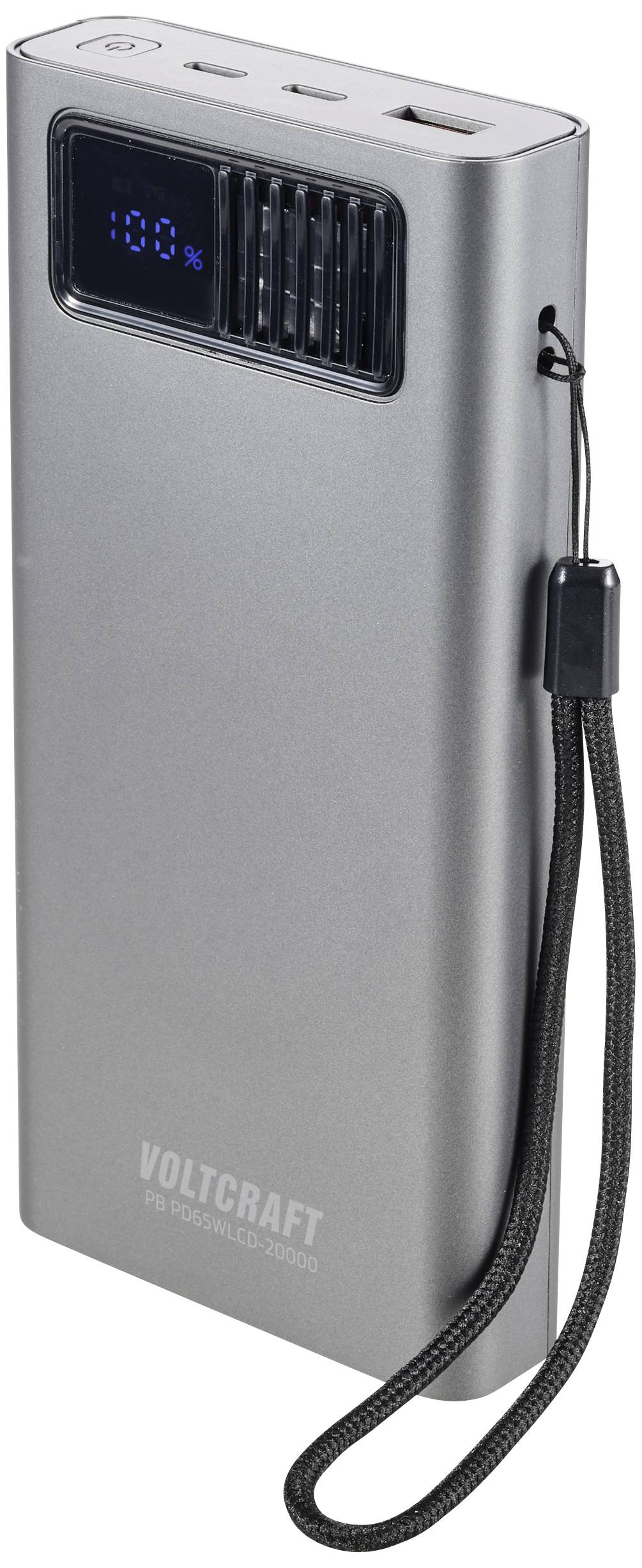 Une batterie externe argentée avec un affichage numérique indiquant 100%. Elle dispose d'un port USB et d'une lanière de transport noire sur le côté.