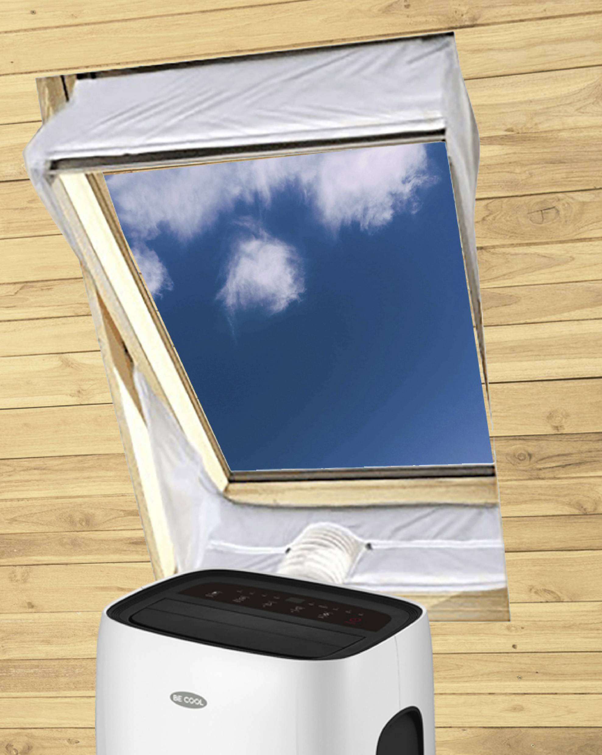 Climatiseur mobile avec tuyau d'évacuation raccordé à une fenêtre. Ciel visible avec quelques nuages.