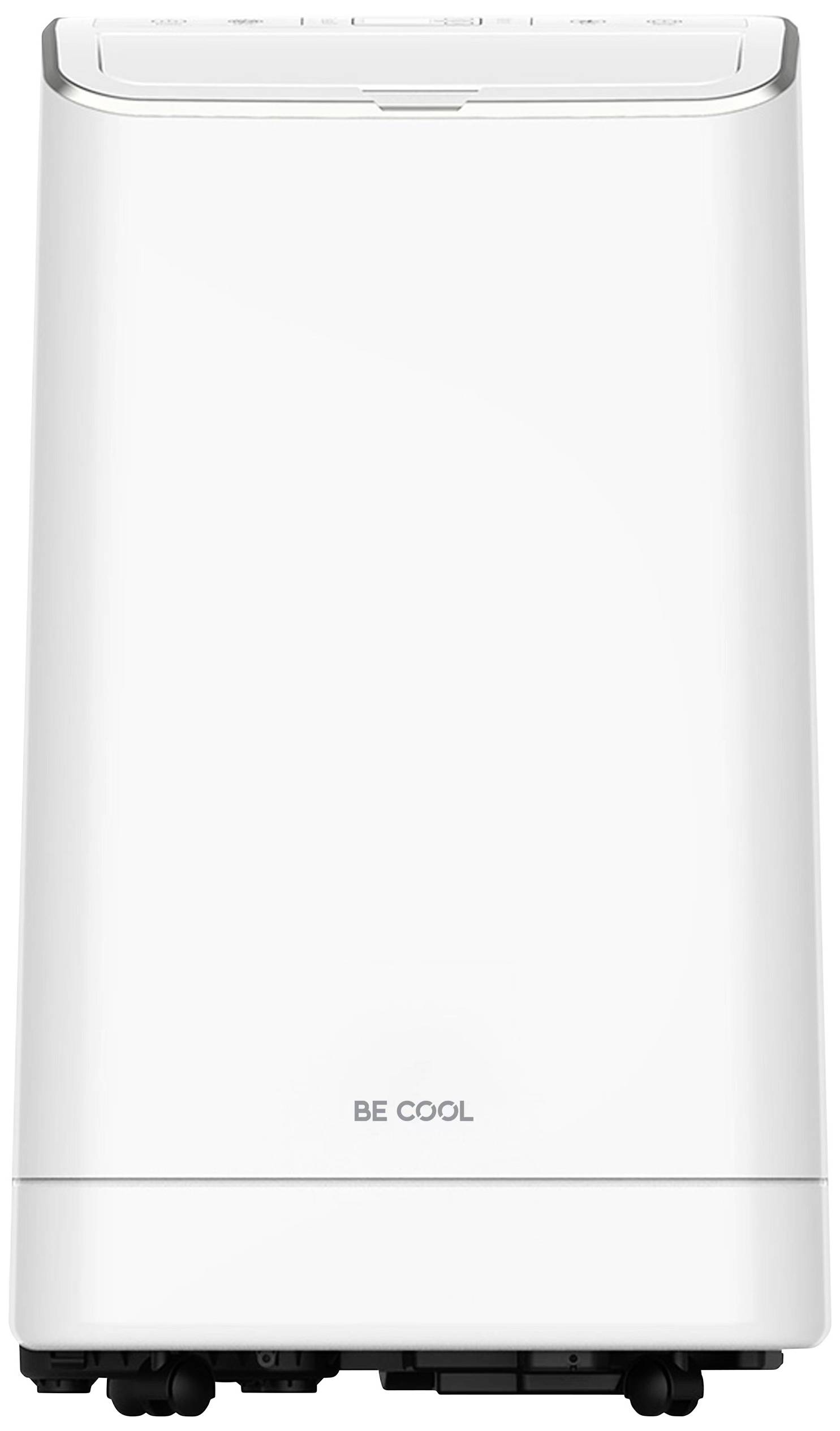 Climatiseur portable blanc portant l'inscription 'BE COOL' sur sa face avant. Adapté aux petits espaces et facile à transporter.